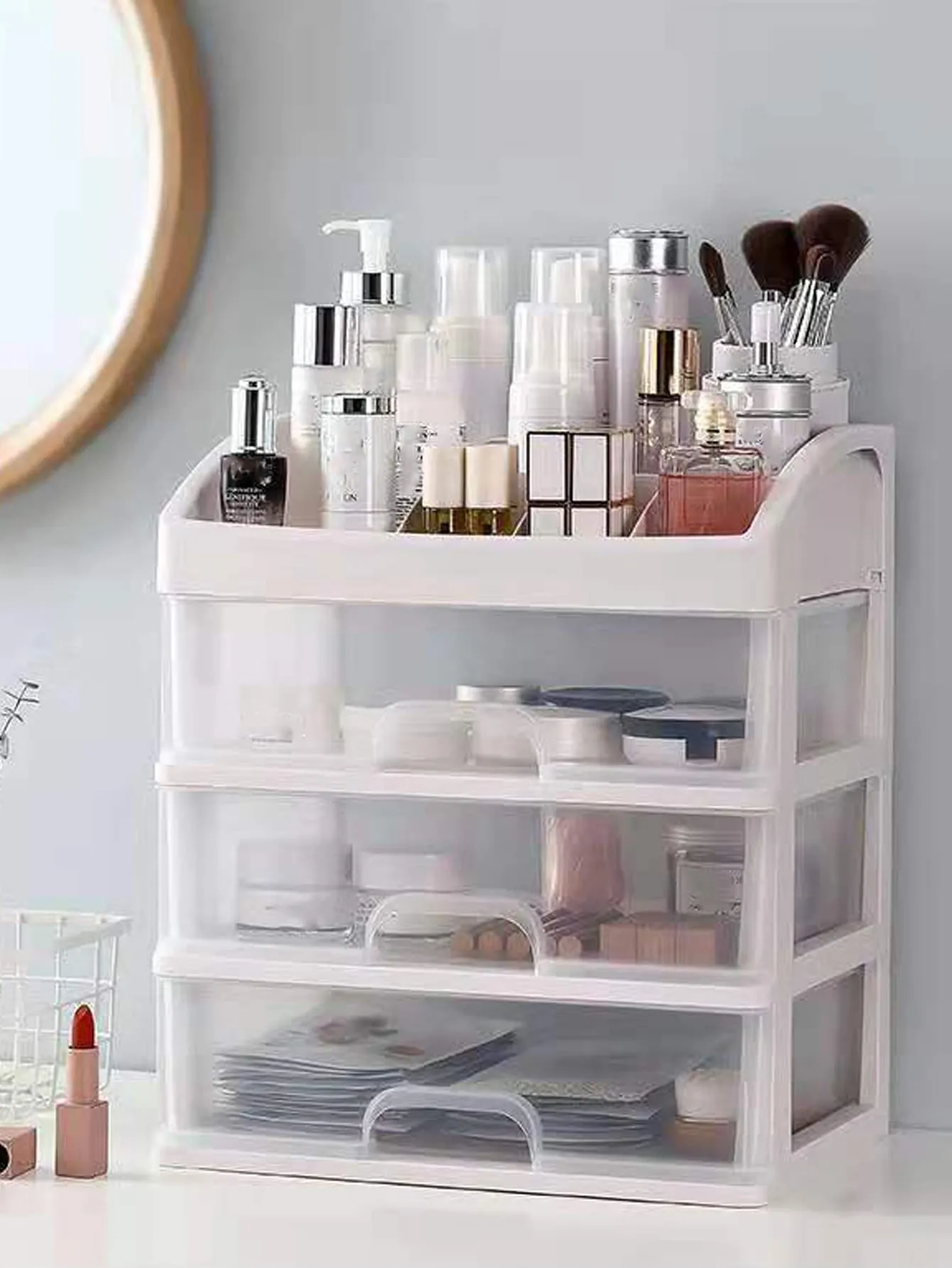 1pc Plastic Cosmetic Storage Box, Multi-layer Multifunction Makeup Storage Rack For Home