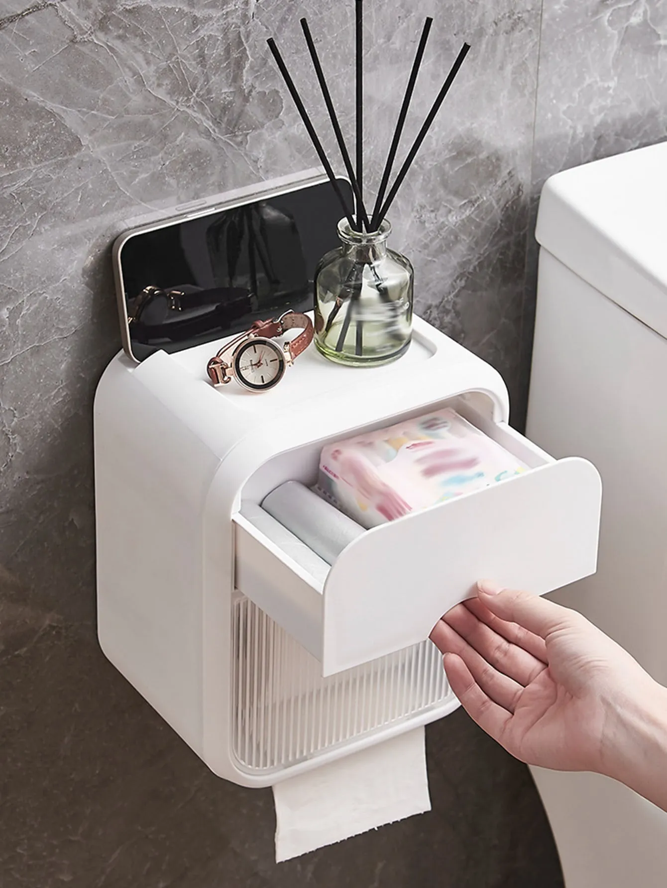 1pc Wall Mounted Multifunction Tissue Storage Box, Multifunction Storage Rack For Bathroom