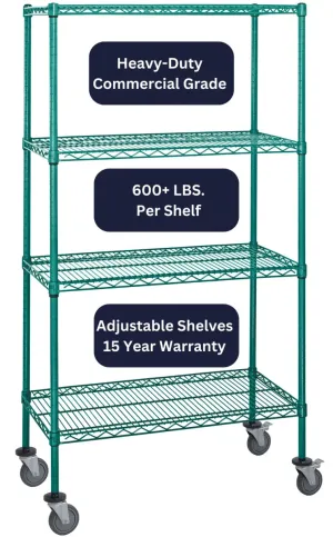 21" x 72" Green Shelving on Wheels