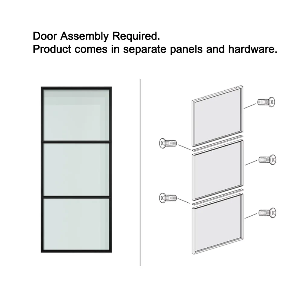 3-Lite Tempered Glass Barn Door Steel Frame Sliding Hardware Kit and Door Handle