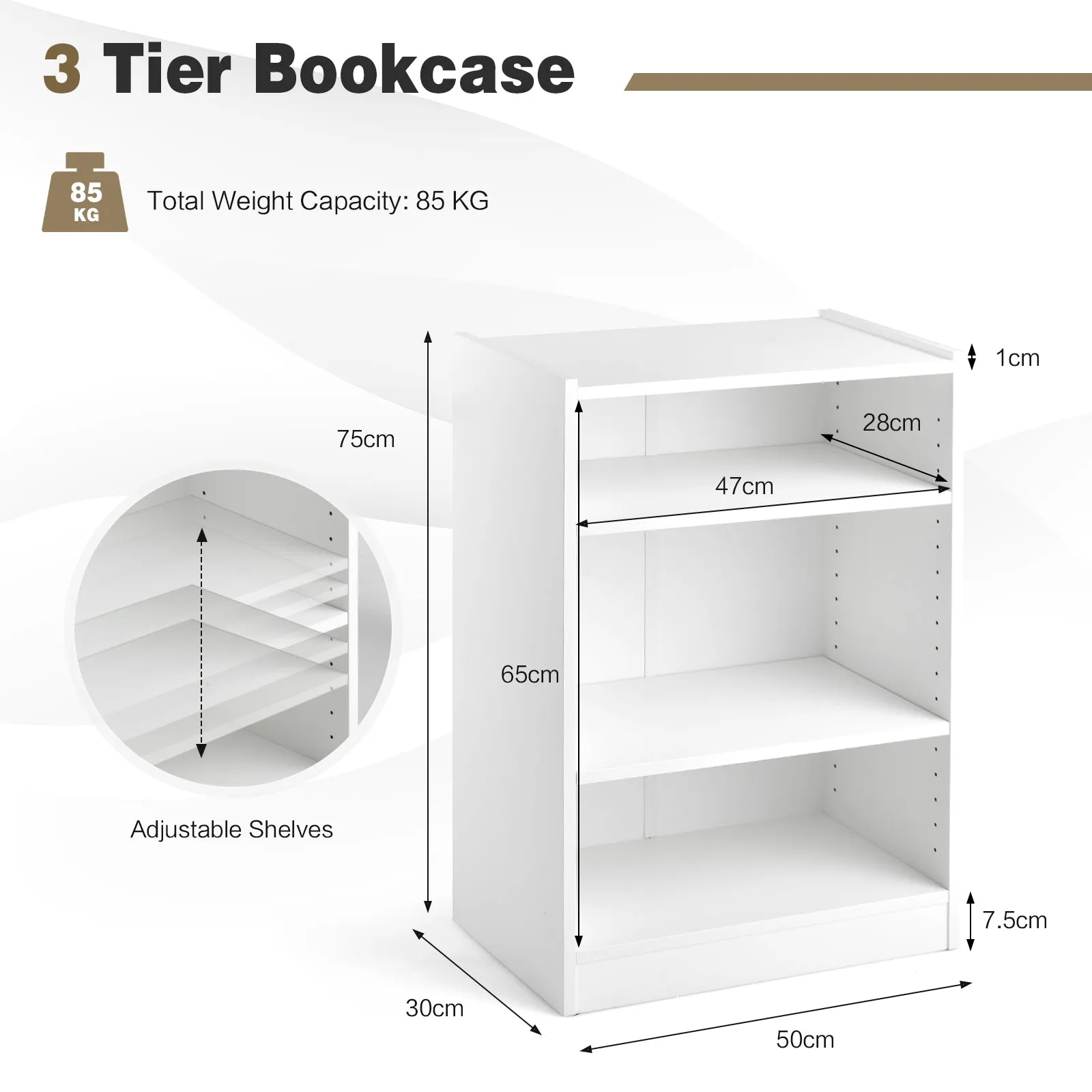 3-Tier Floor Standing Open Bookshelf with Anti-toppling Device-White