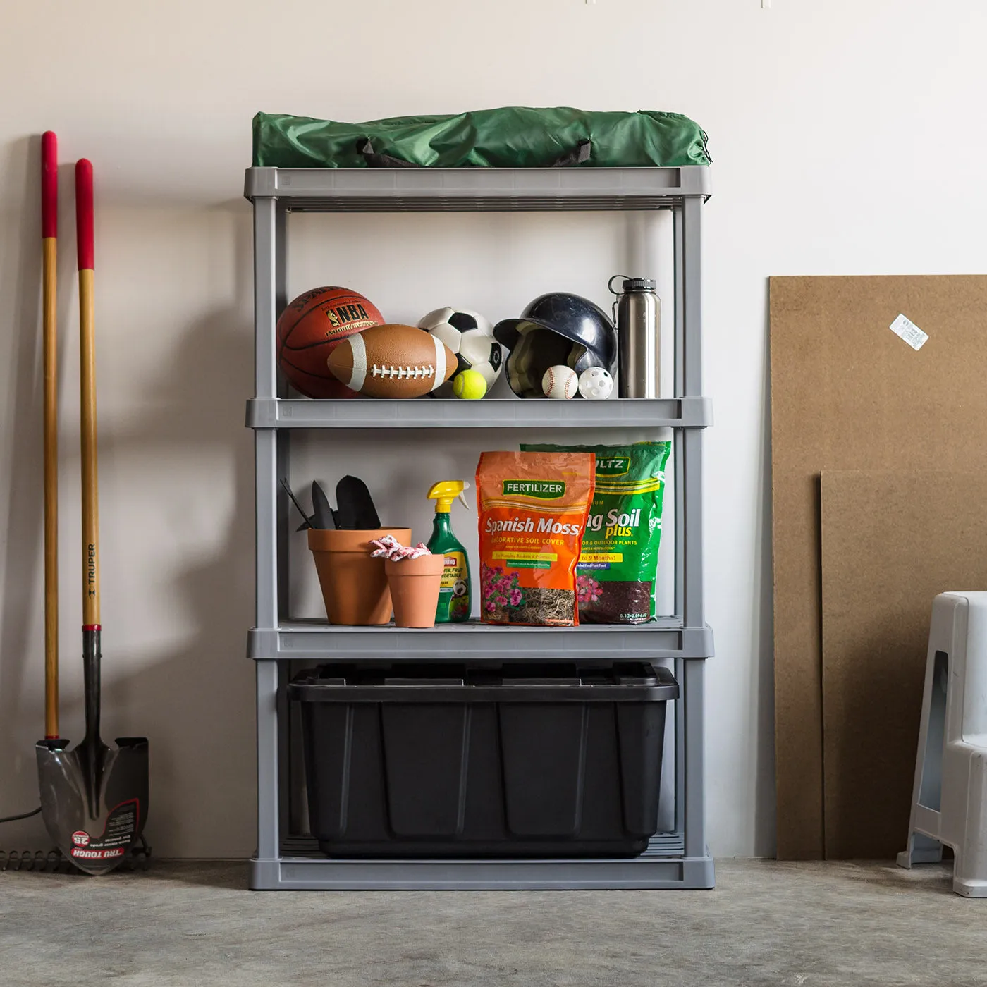 4-Tier Wide Plastic Rack Storage Shelf with 400lb. Total Capacity, Elephant Gray