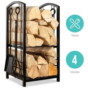 5-Piece Firewood Log Rack Holder Tools Set w/ Hook, Broom, Shovel, Tongs