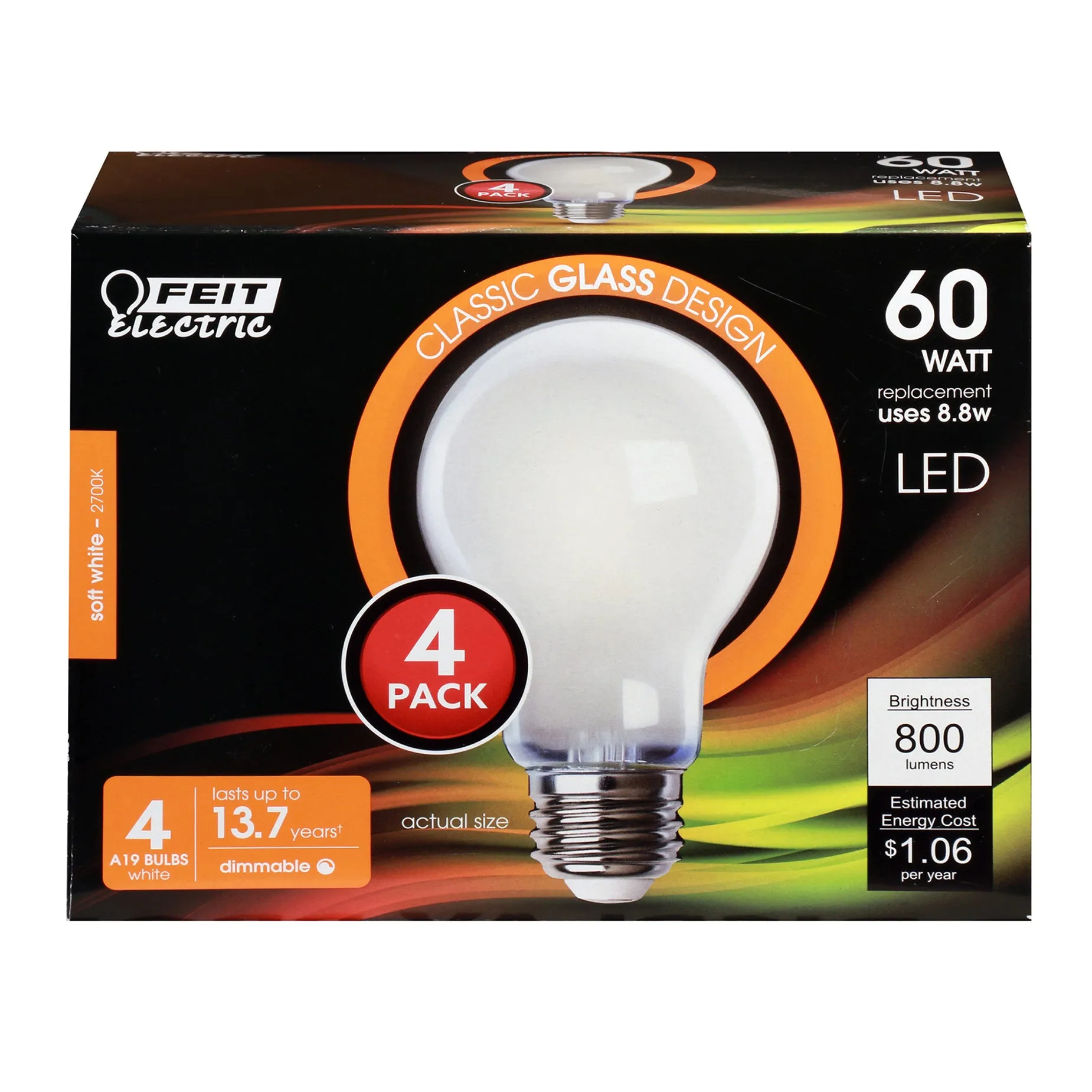 A19 LED Lights bulbs, 60W, White, Filament, White, Medium Base, Decorative Light Bulb, 800 Lumens, 4 Pack