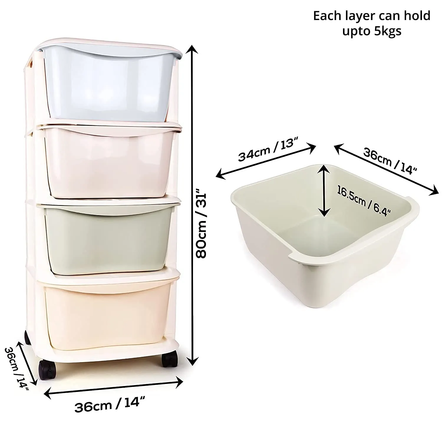 ABOUT SPACE 5 Layer Modular Drawer System - Stand with Removable Racks & Caster Wheels(L 36 x B 36 x H 98cm, Multicolor)