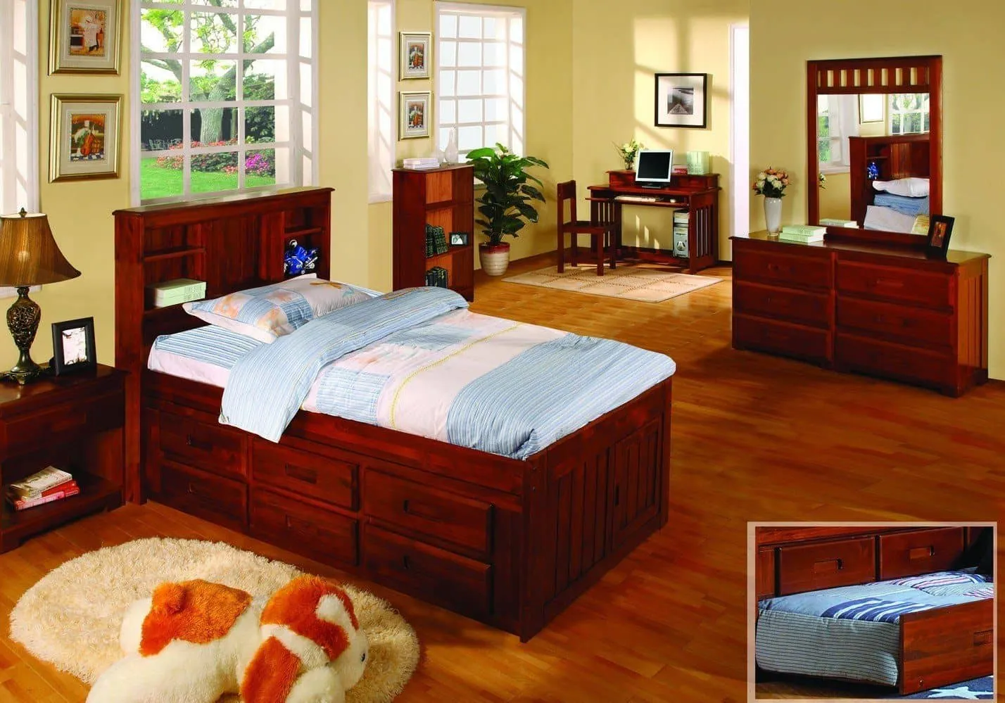 Addison Captains Bed with Three Drawers, Bookcase Headboard, and Trundle