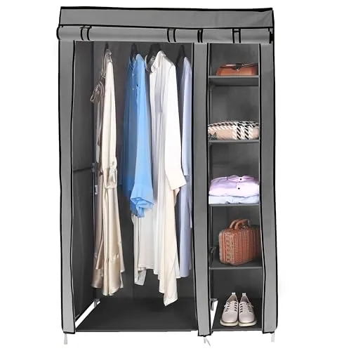 AROME PUR Fabric Canvas Wardrobe Organizer Clothes Rail Shelves Storage Closet Double Tall (Grey)