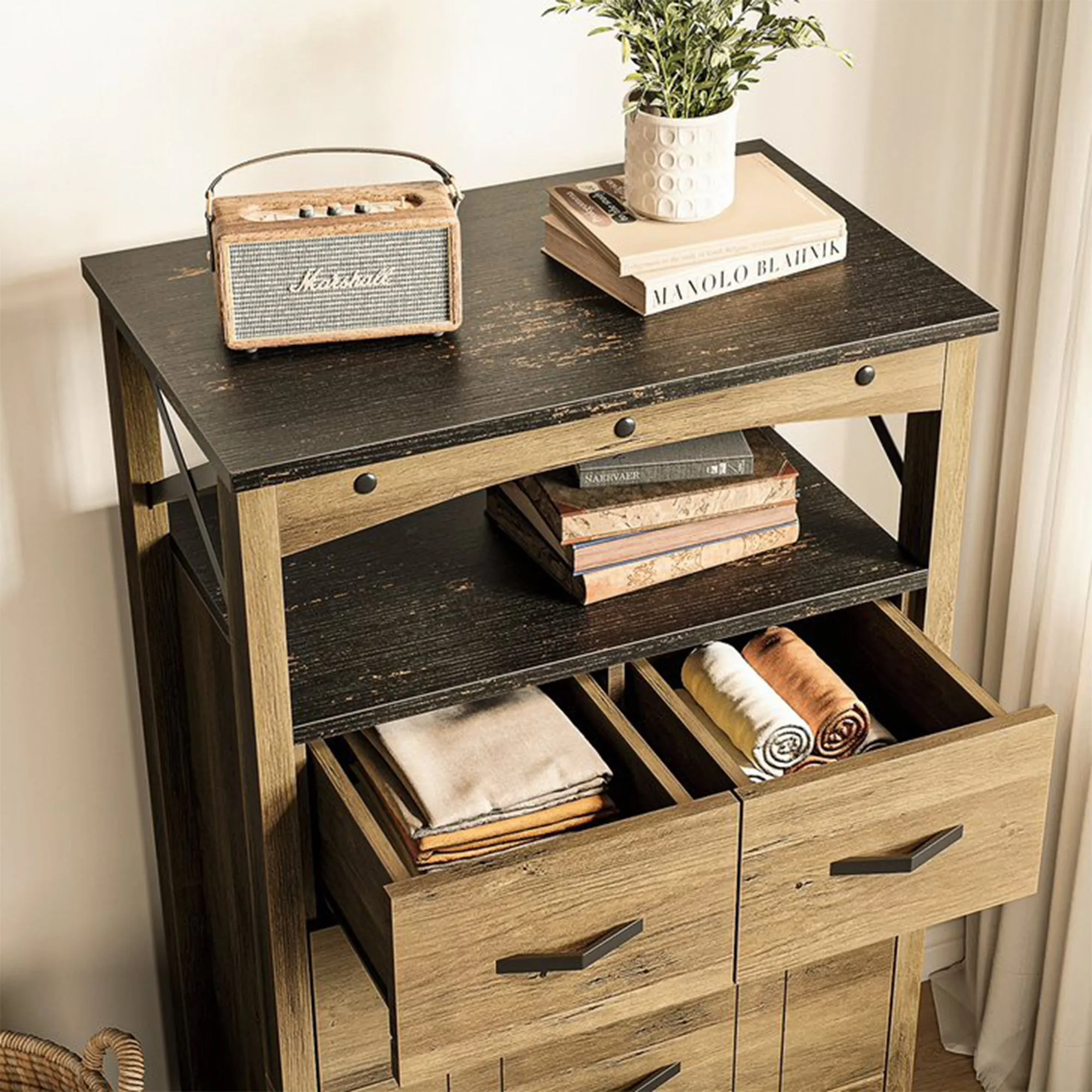 Bestier Hallway & Living Room Storage Cabinet w/ 2 Shelves and 5 Drawers, Brown