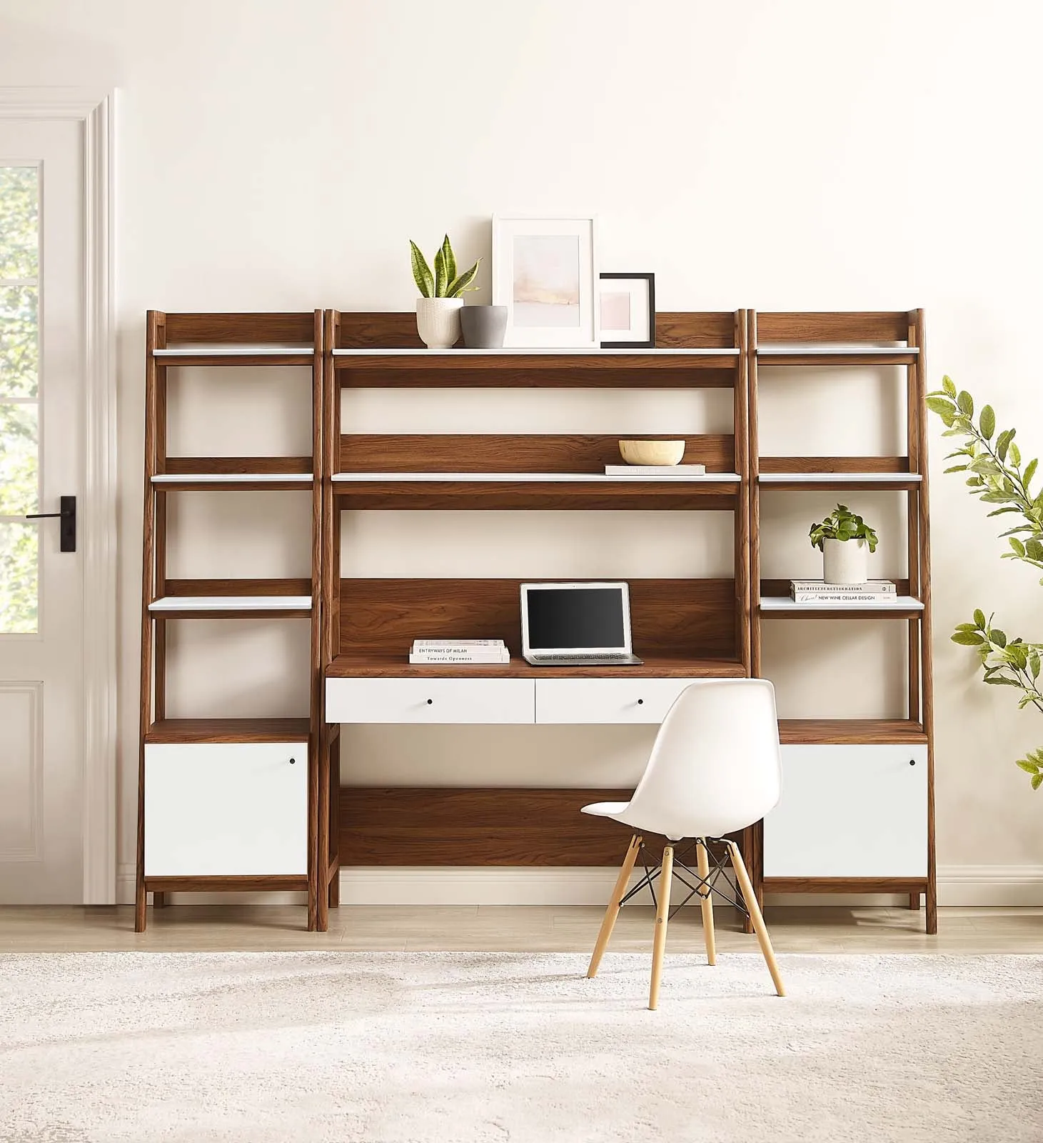 Bixby 3-Piece Wood Office Desk and Bookshelf Walnut White EEI-6114-WAL-WHI