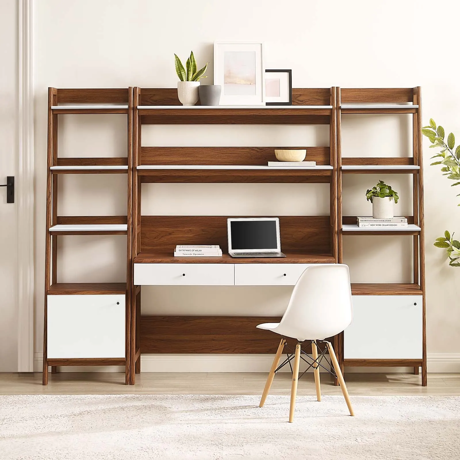 Bixby 3-Piece Wood Office Desk and Bookshelf Walnut White EEI-6114-WAL-WHI