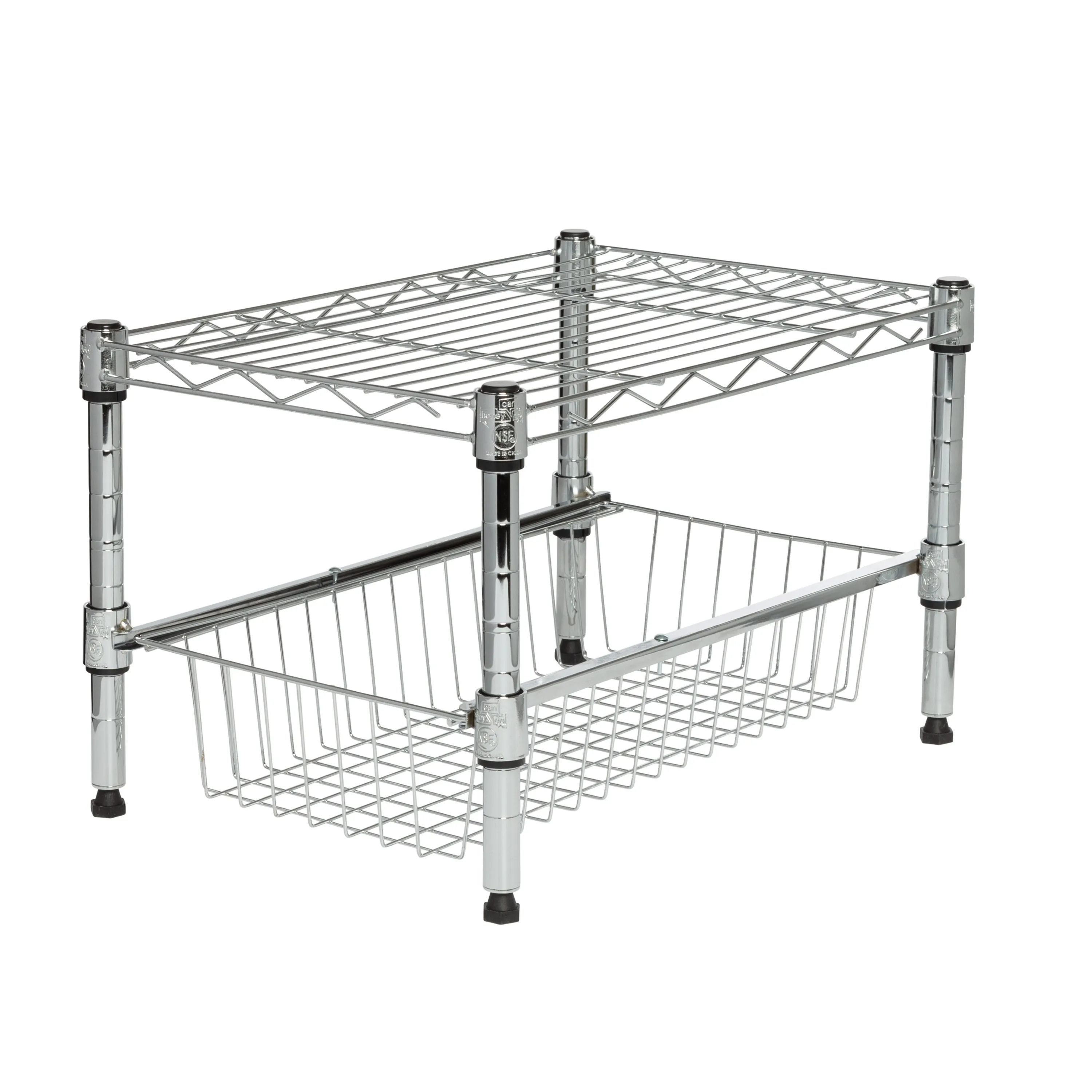 Chrome Small Cabinet Organizer With Basket and Adjustable Shelf