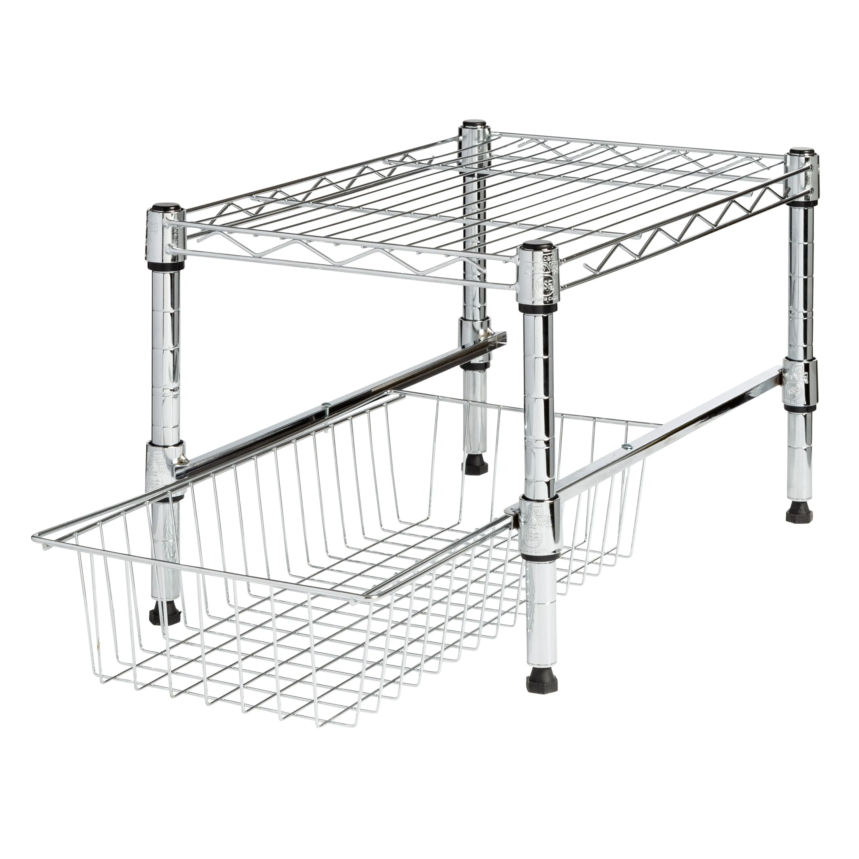 Chrome Small Cabinet Organizer With Basket and Adjustable Shelf