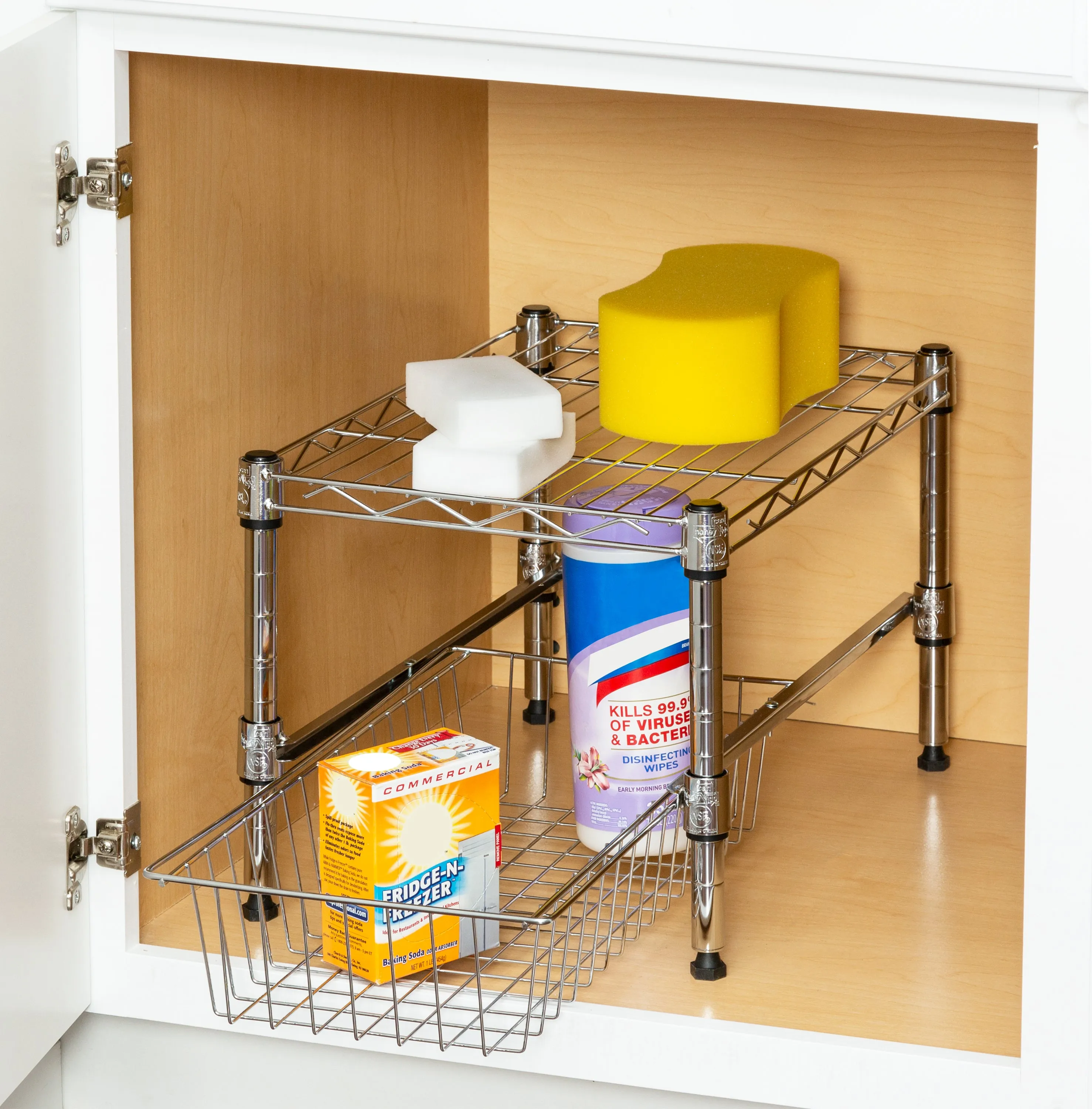 Chrome Small Cabinet Organizer With Basket and Adjustable Shelf