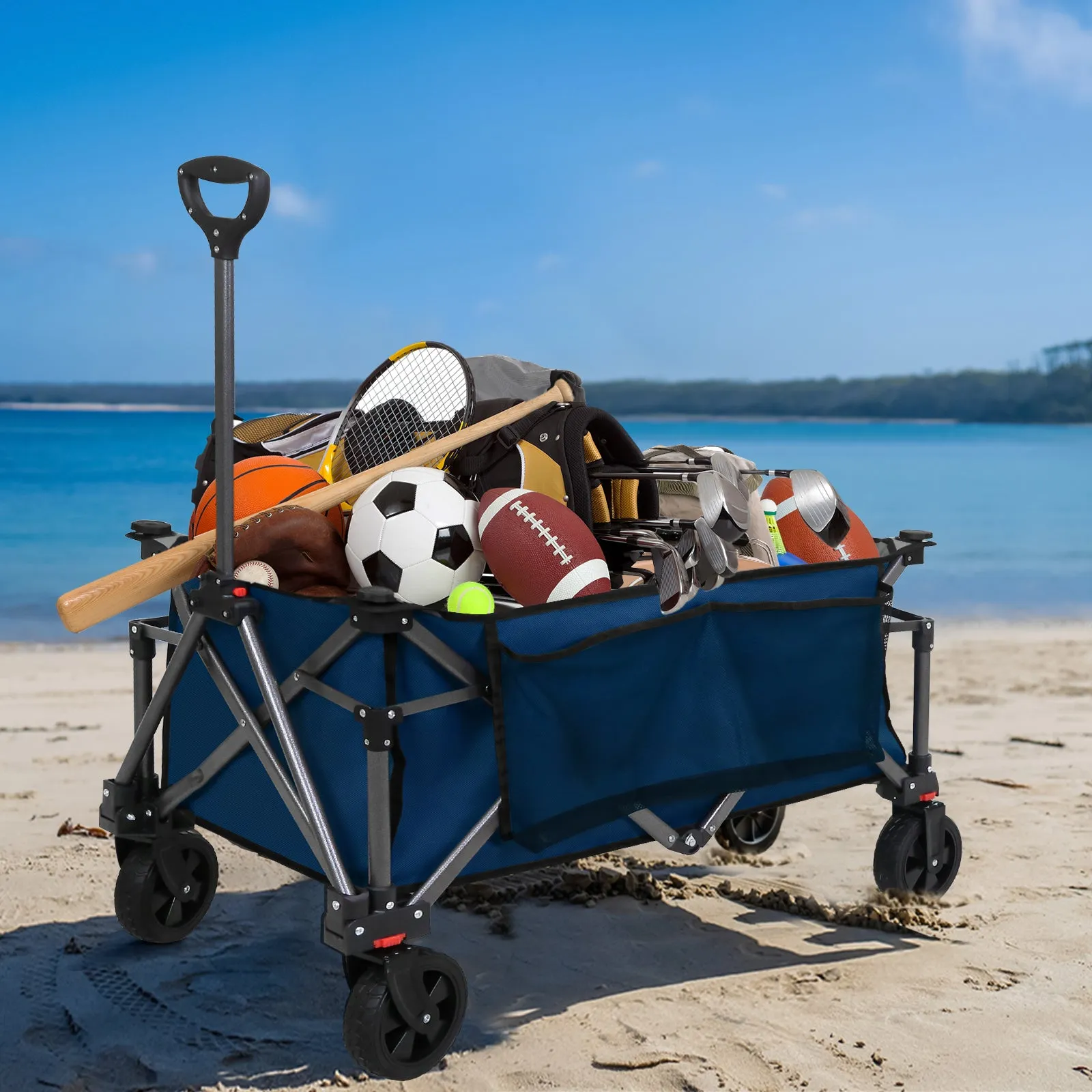 COOS BAY Heavy-Duty Folding Collapsible Utility Wagon with Large Side Pockets and Cup Holders, All Terrain Garden Cart for Sports, Garden, Camping, Beach, and Grocery,  Black / Dark Blue