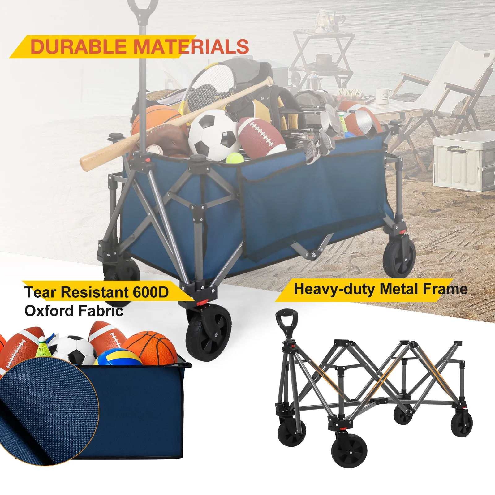 COOS BAY Heavy-Duty Folding Collapsible Utility Wagon with Large Side Pockets and Cup Holders, All Terrain Garden Cart for Sports, Garden, Camping, Beach, and Grocery,  Black / Dark Blue