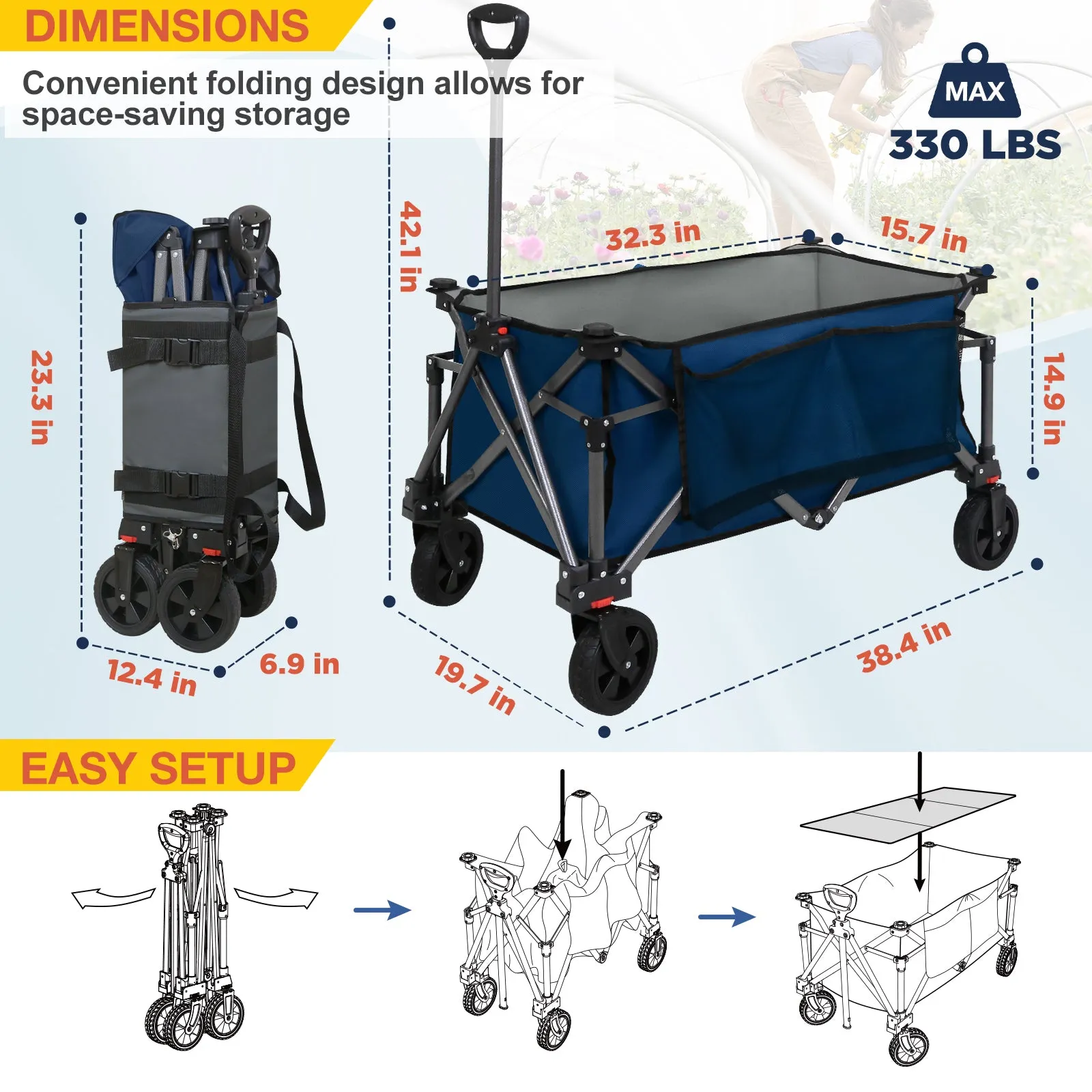 COOS BAY Heavy-Duty Folding Collapsible Utility Wagon with Large Side Pockets and Cup Holders, All Terrain Garden Cart for Sports, Garden, Camping, Beach, and Grocery,  Black / Dark Blue