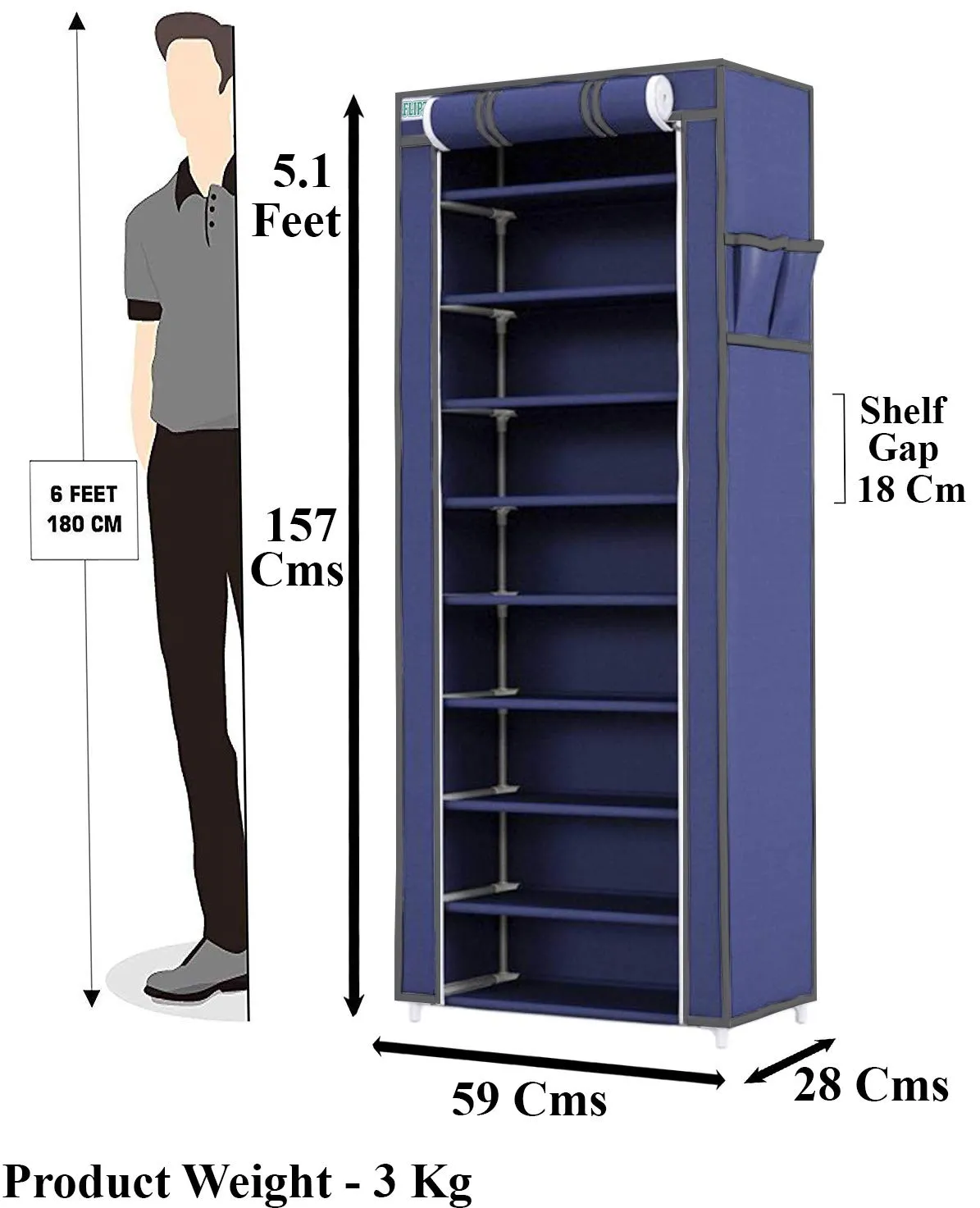 FLIPZON Multipurpose 9-Tiers Shoe Rack with Dustproof Zip Cover & Side Pockets, Multiuse Wide Space Storage Rack made by Non Woven Fabric for footwear, Toys, clothes (9 Shelves) (Blue)