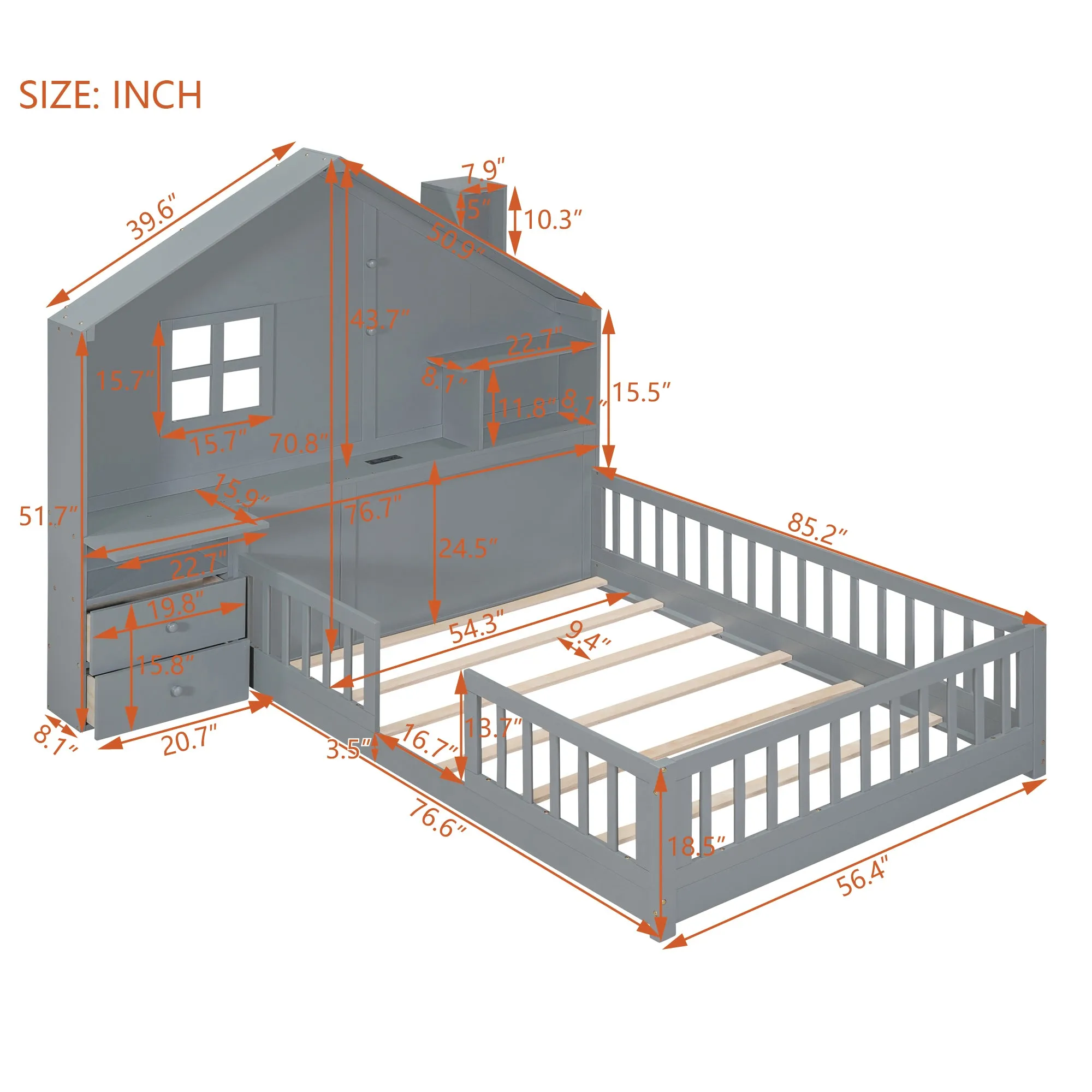 Full Size House Bed with Window and Bedside Drawers, Platform Bed with Shelves and a set of Sockets and USB Port, Gray