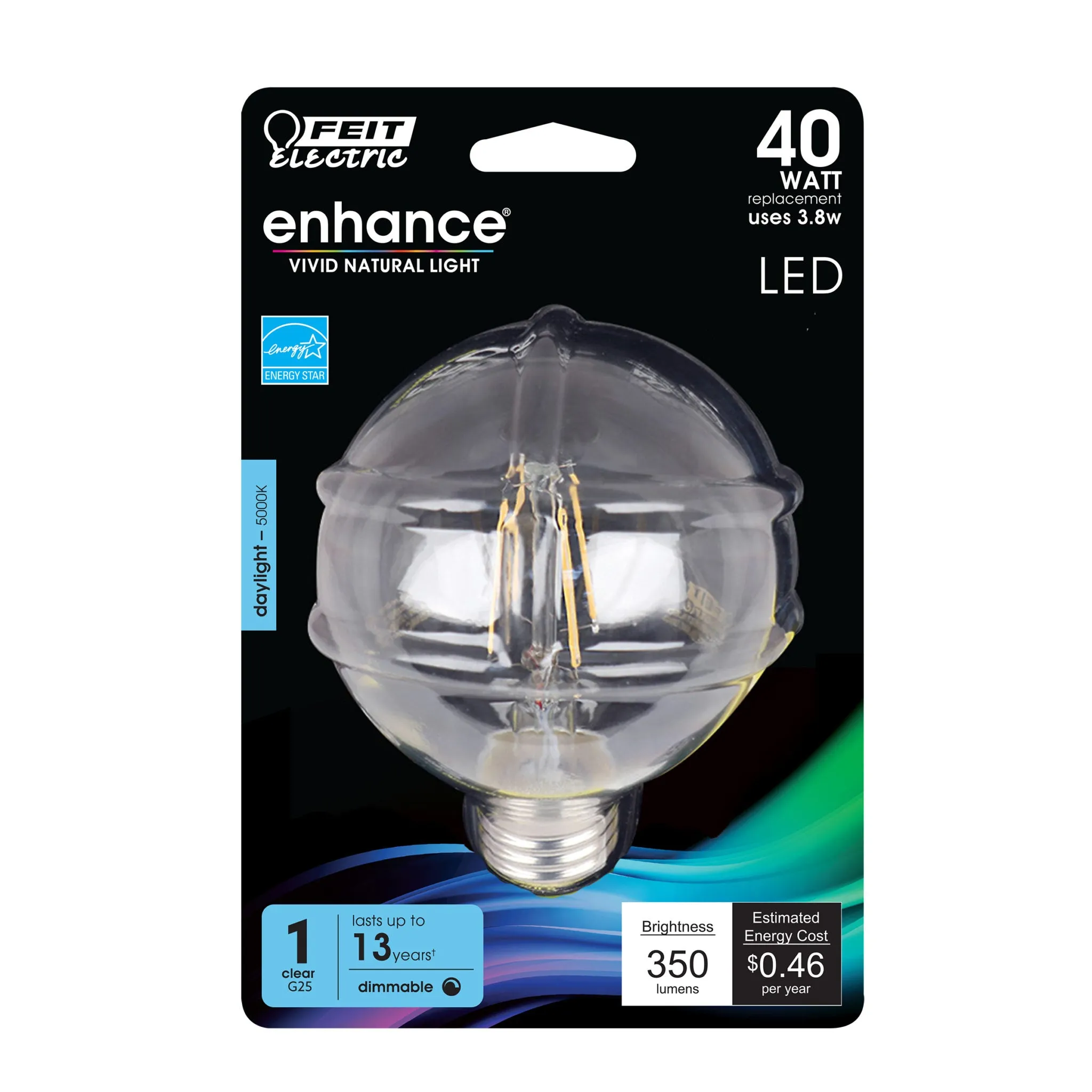 G25 LED Globe Light Bulbs, E26, Dimmable, Filament, Clear, White, bathroom Vanity Light Bulb, G161/2,  2 Pack