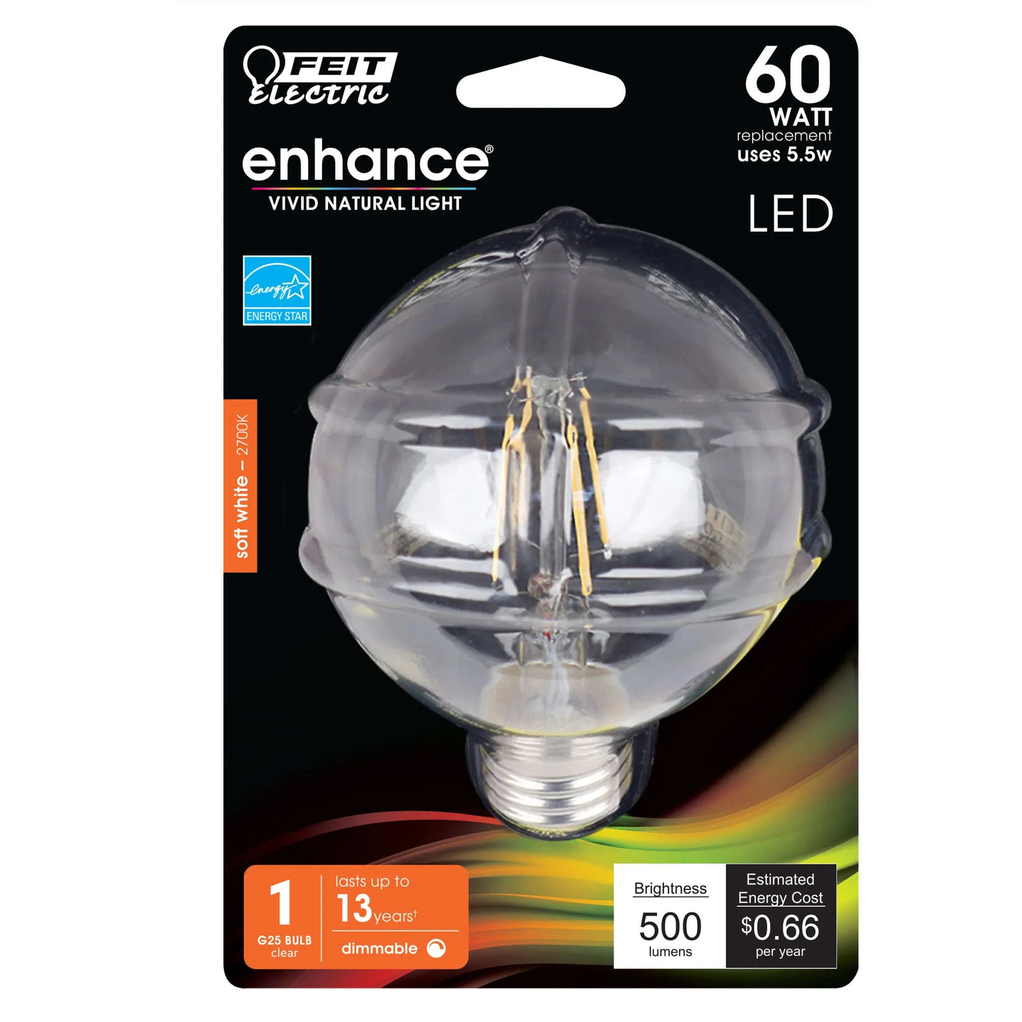 G25 LED Globe Light Bulbs, E26, Dimmable, Filament, Clear, White, bathroom Vanity Light Bulb, G161/2,  2 Pack