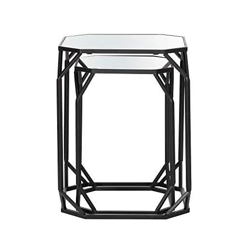 Glitzhome Set of 2 Nesting Coffee Tables Decorative Accent Side End Tables Plant Stand Chair for Bedroom Living Room Home Office and Patio Black