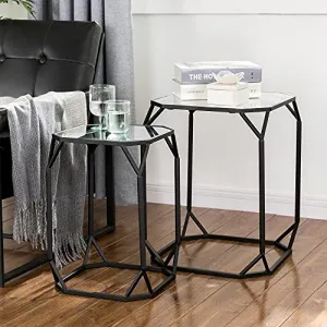 Glitzhome Set of 2 Nesting Coffee Tables Decorative Accent Side End Tables Plant Stand Chair for Bedroom Living Room Home Office and Patio Black