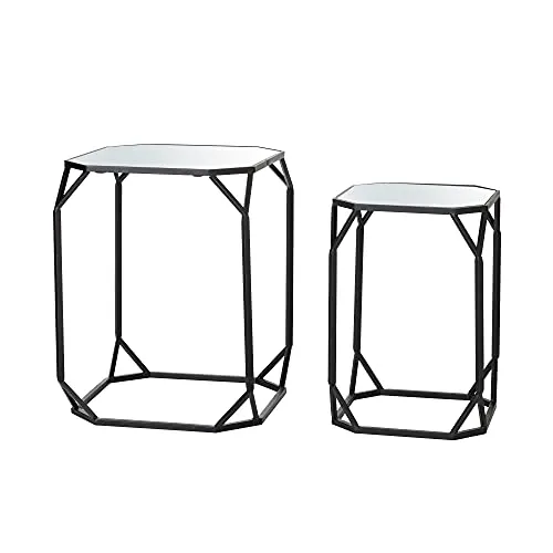 Glitzhome Set of 2 Nesting Coffee Tables Decorative Accent Side End Tables Plant Stand Chair for Bedroom Living Room Home Office and Patio Black