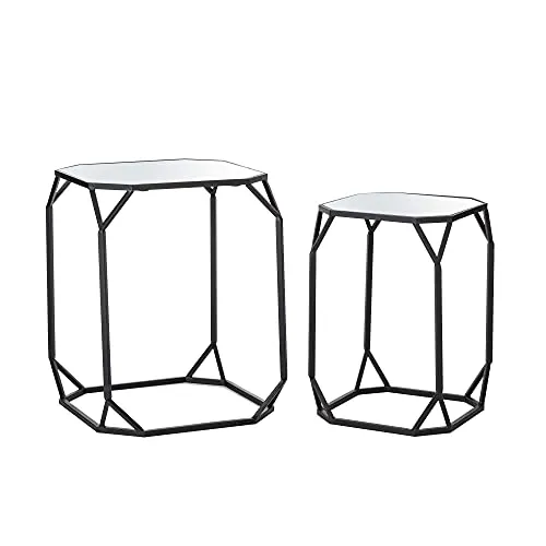 Glitzhome Set of 2 Nesting Coffee Tables Decorative Accent Side End Tables Plant Stand Chair for Bedroom Living Room Home Office and Patio Black