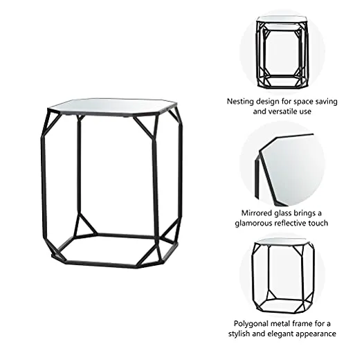 Glitzhome Set of 2 Nesting Coffee Tables Decorative Accent Side End Tables Plant Stand Chair for Bedroom Living Room Home Office and Patio Black