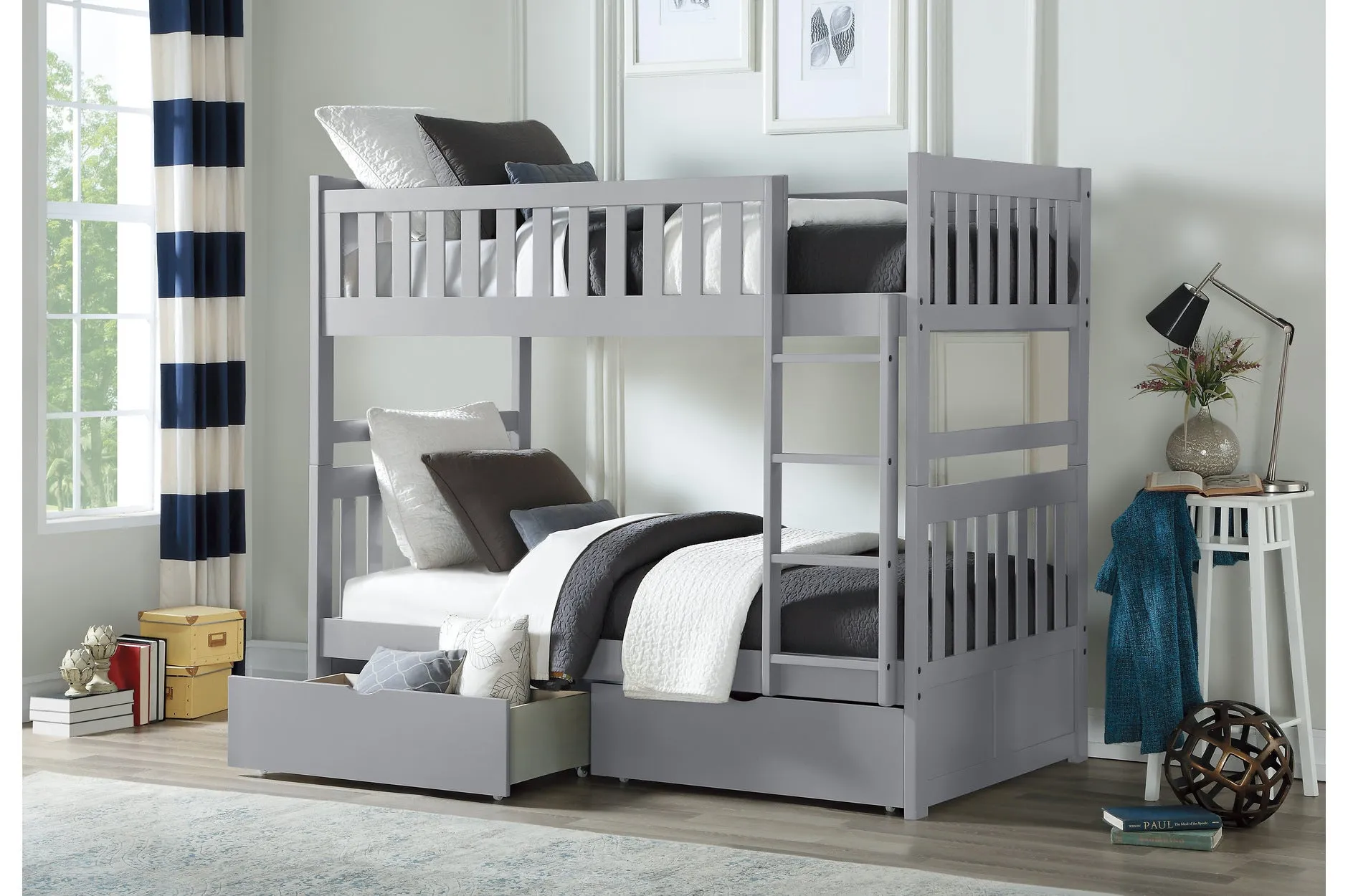 Grey Twin/Twin Solid Wood Bunkbed with Bedroom Furniture Options