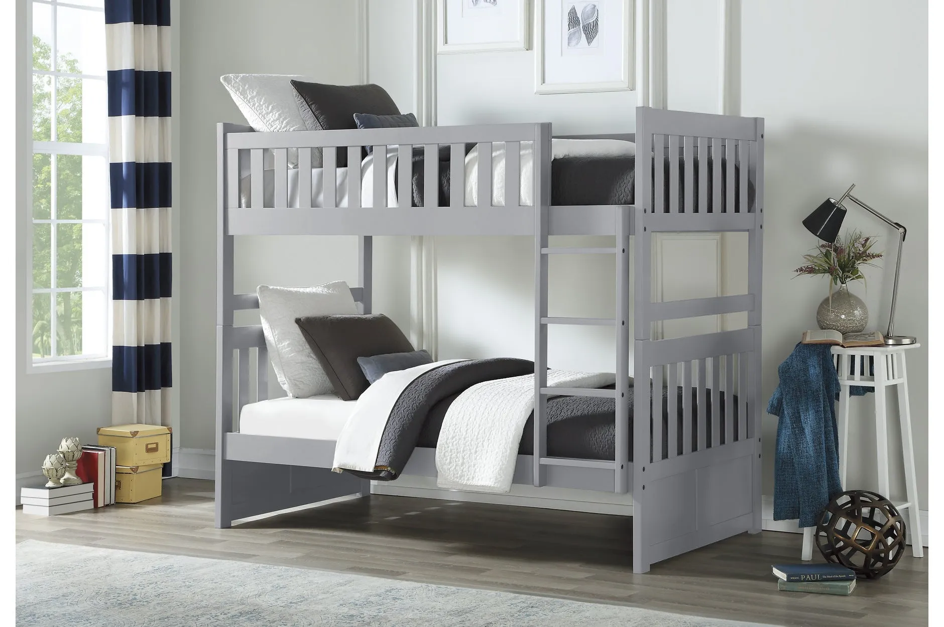 Grey Twin/Twin Solid Wood Bunkbed with Bedroom Furniture Options