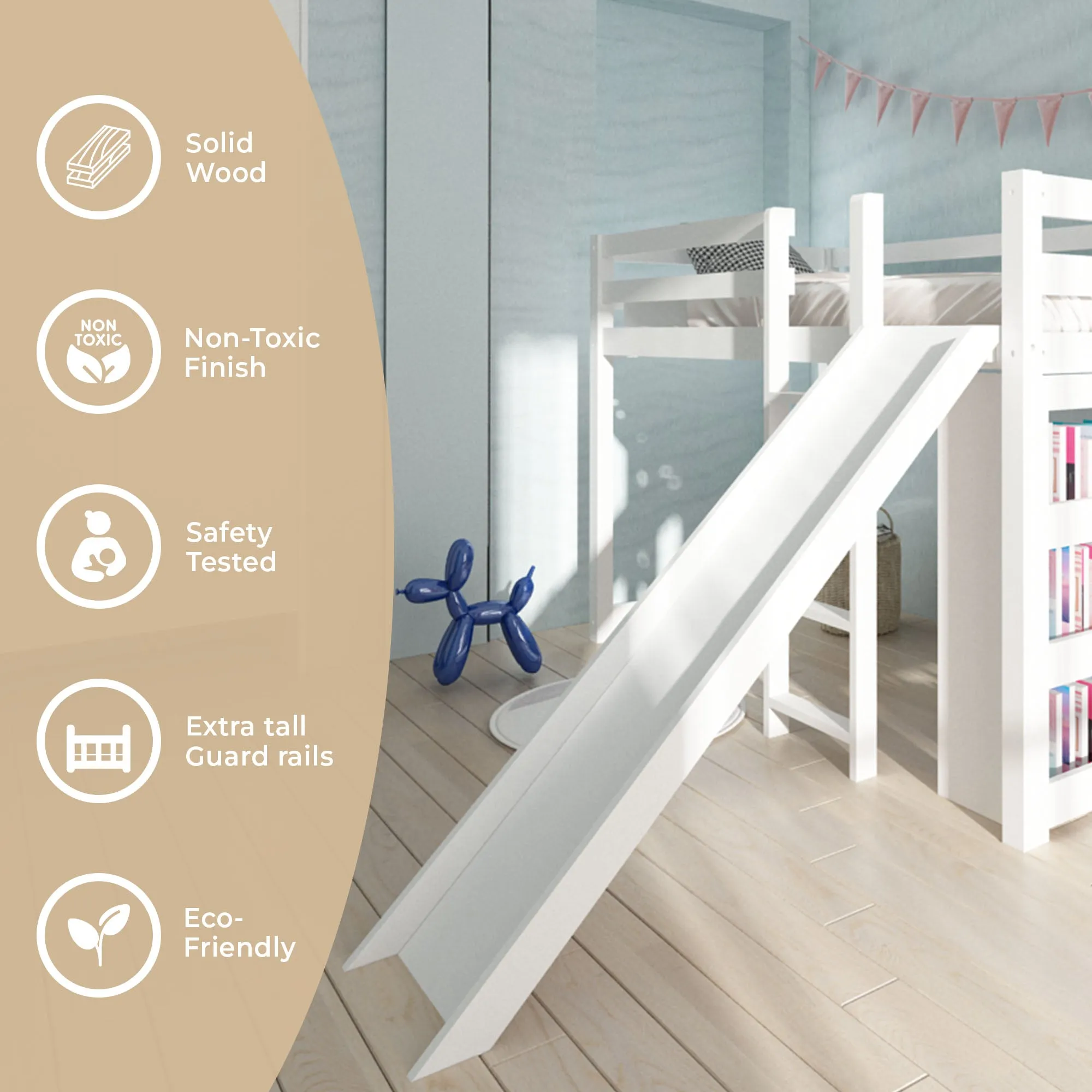 Harper Kids Bunk Bed with Slide & Built-In Shelving