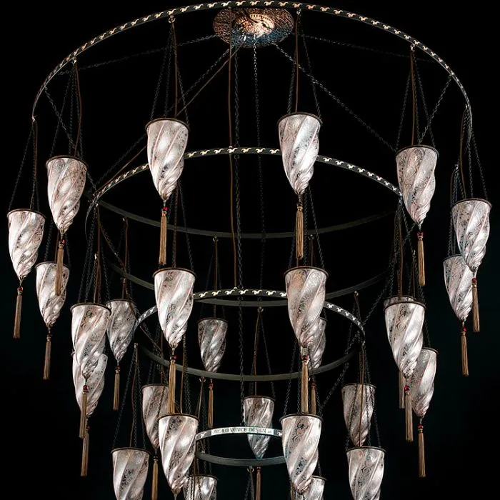 Huge Fortuny Style Murano Glass Foyer Chandelier With 30 Lights