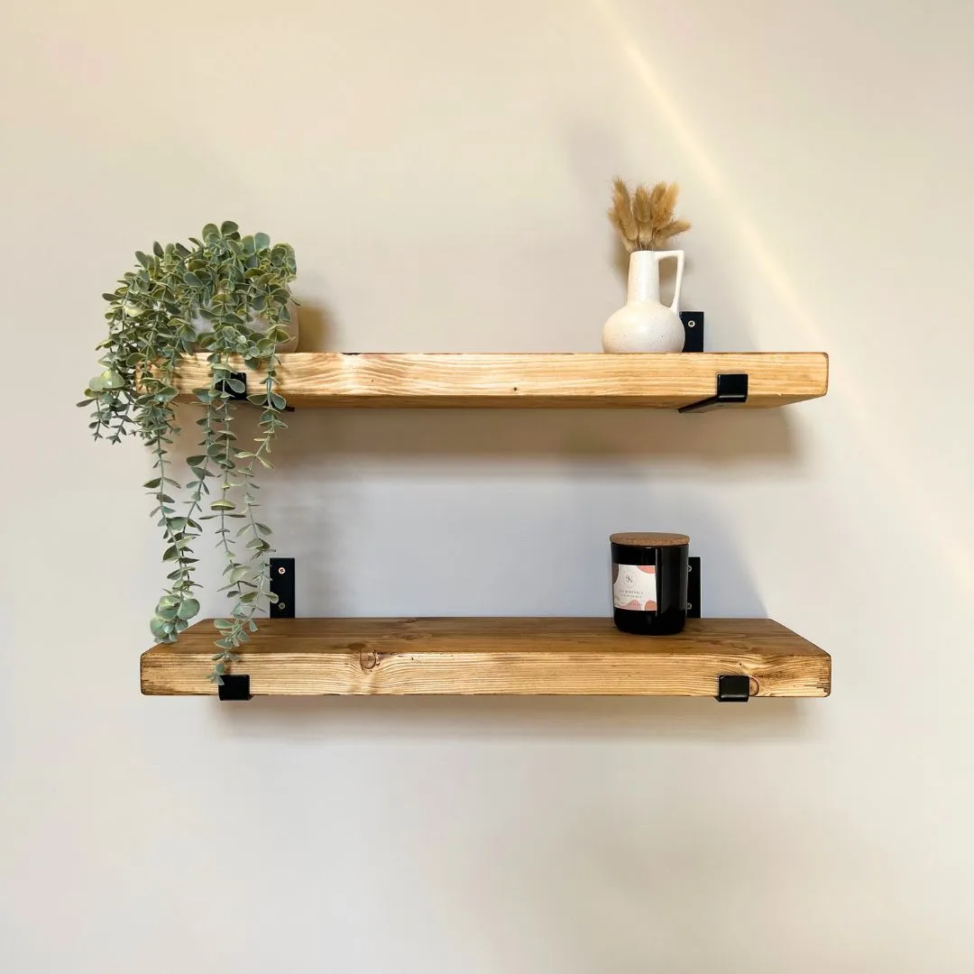 IN STOCK - Pair of Rustic Wooden Shelves stained rugger brown with Seated L Brackets handcrafted in the UK