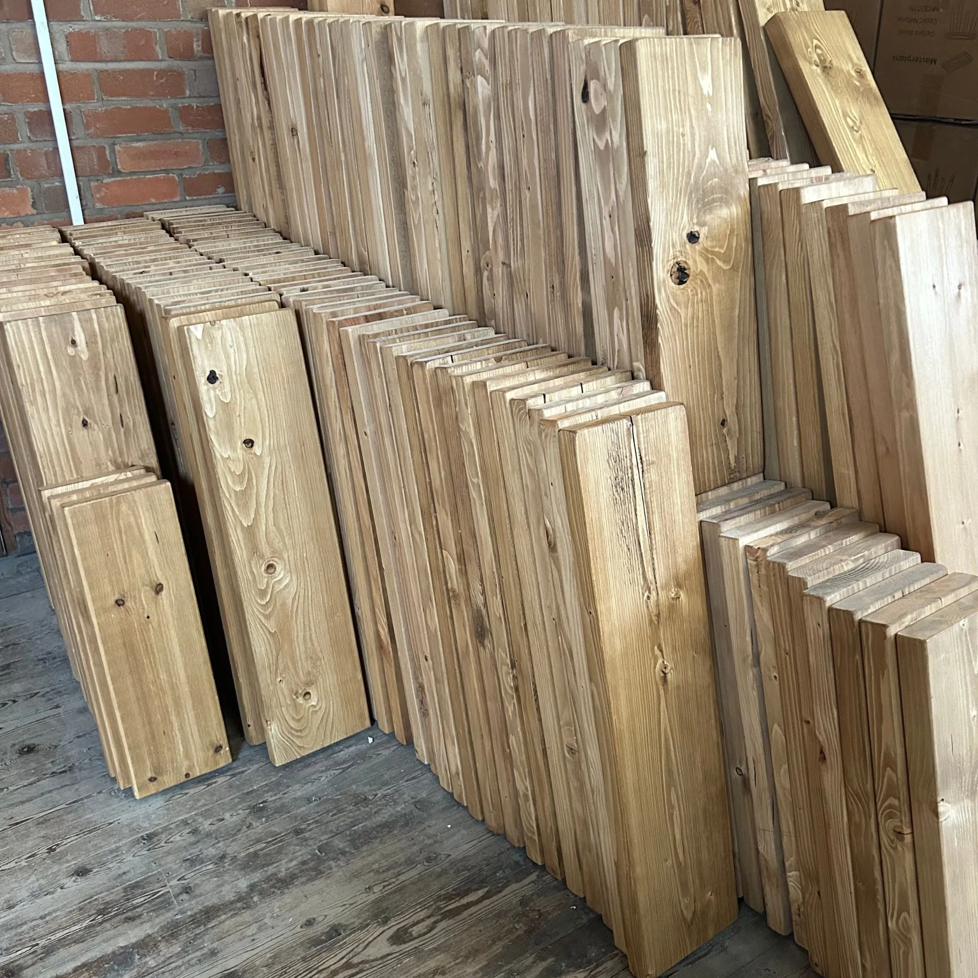 IN STOCK - Pair of Rustic Wooden Shelves stained rugger brown with Seated L Brackets handcrafted in the UK