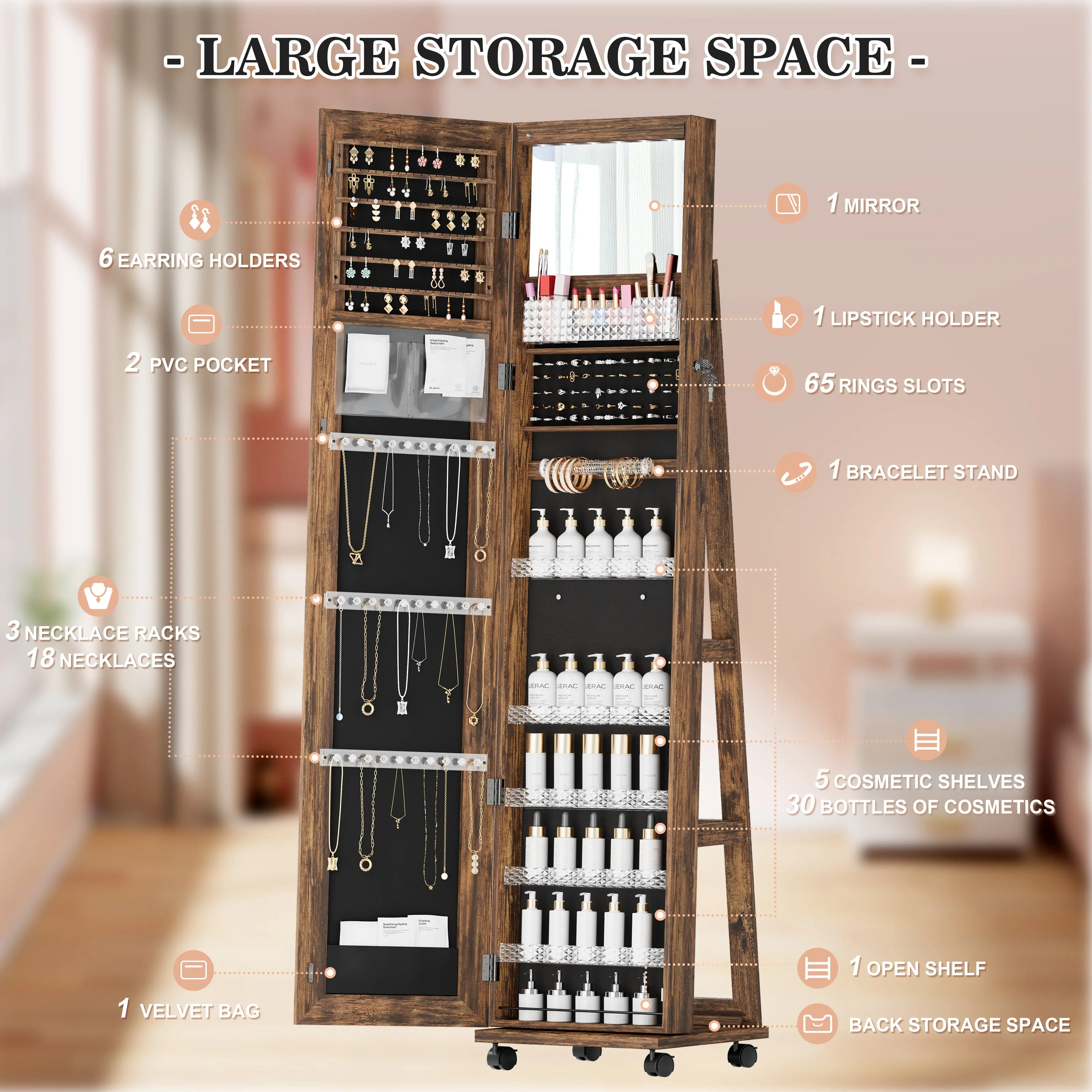 Jewelry Storage with Rear Storage Shelves