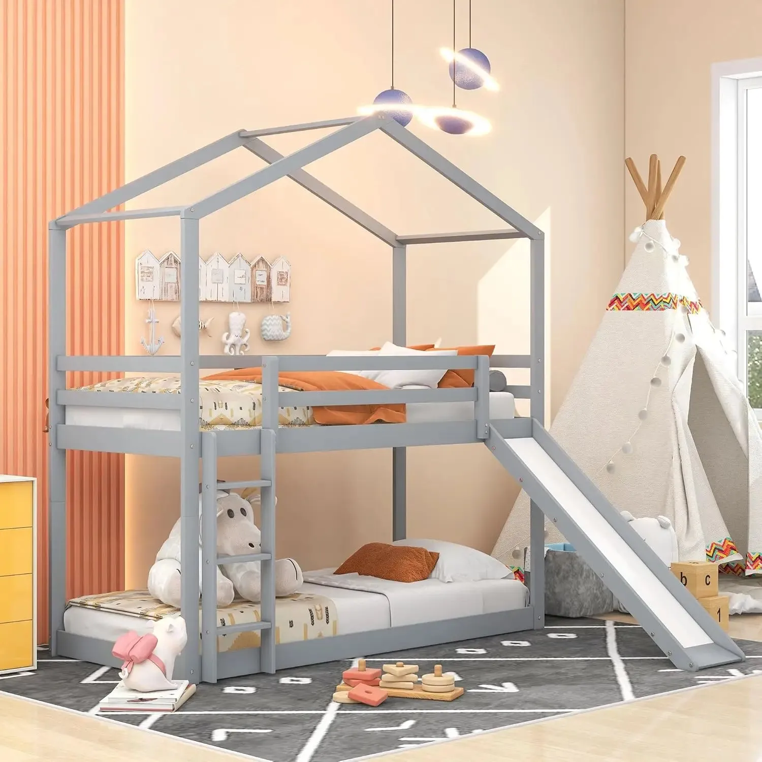 Kids  Over  Bunk Beds with Slide and Trundle, Solid Wood Bunk Bed Frame with Stairs and Storage, Playhouse Bunk Bed with Roof