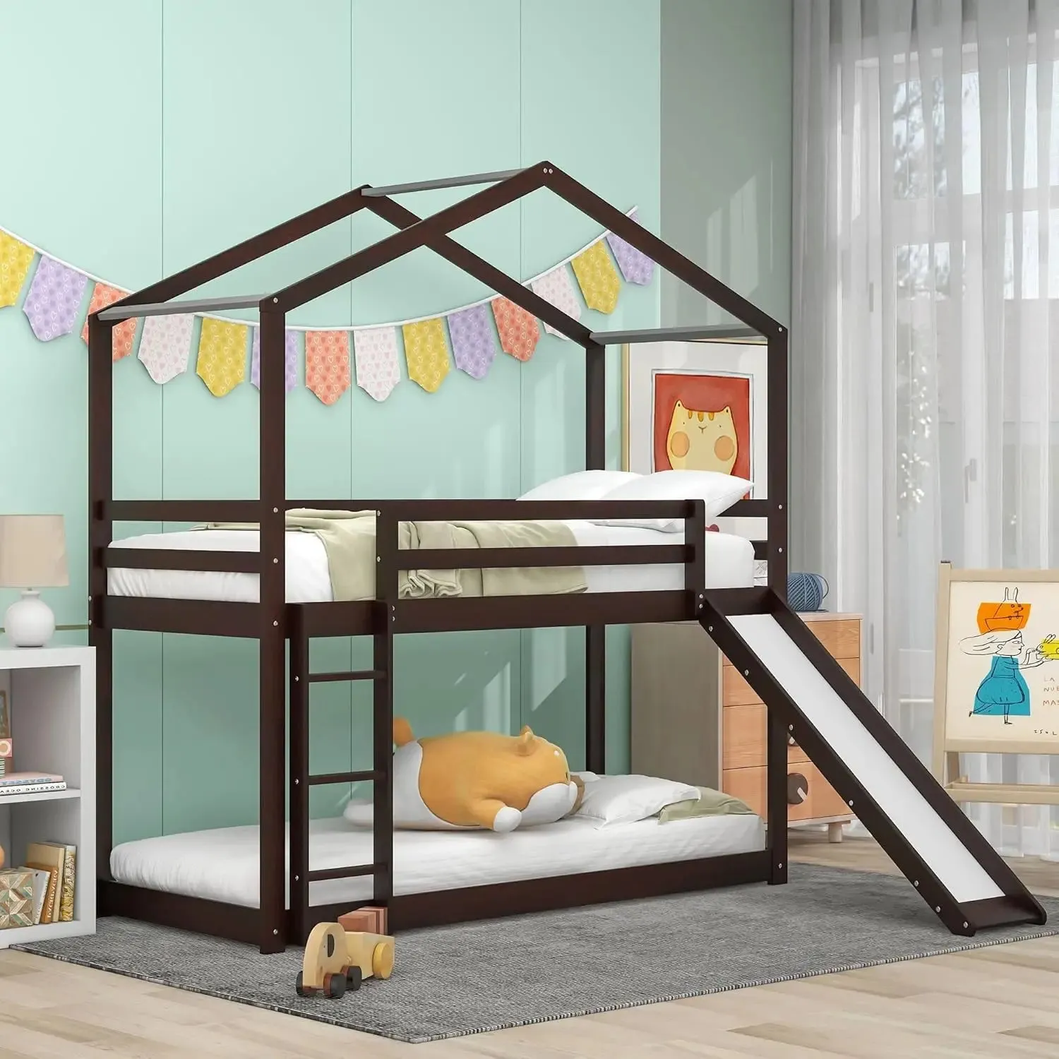 Kids  Over  Bunk Beds with Slide and Trundle, Solid Wood Bunk Bed Frame with Stairs and Storage, Playhouse Bunk Bed with Roof