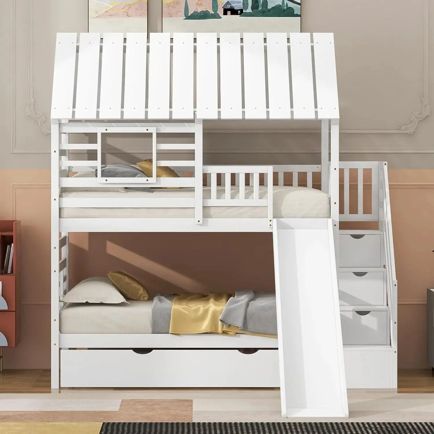 Kids  Over  Bunk Beds with Slide and Trundle, Solid Wood Bunk Bed Frame with Stairs and Storage, Playhouse Bunk Bed with Roof