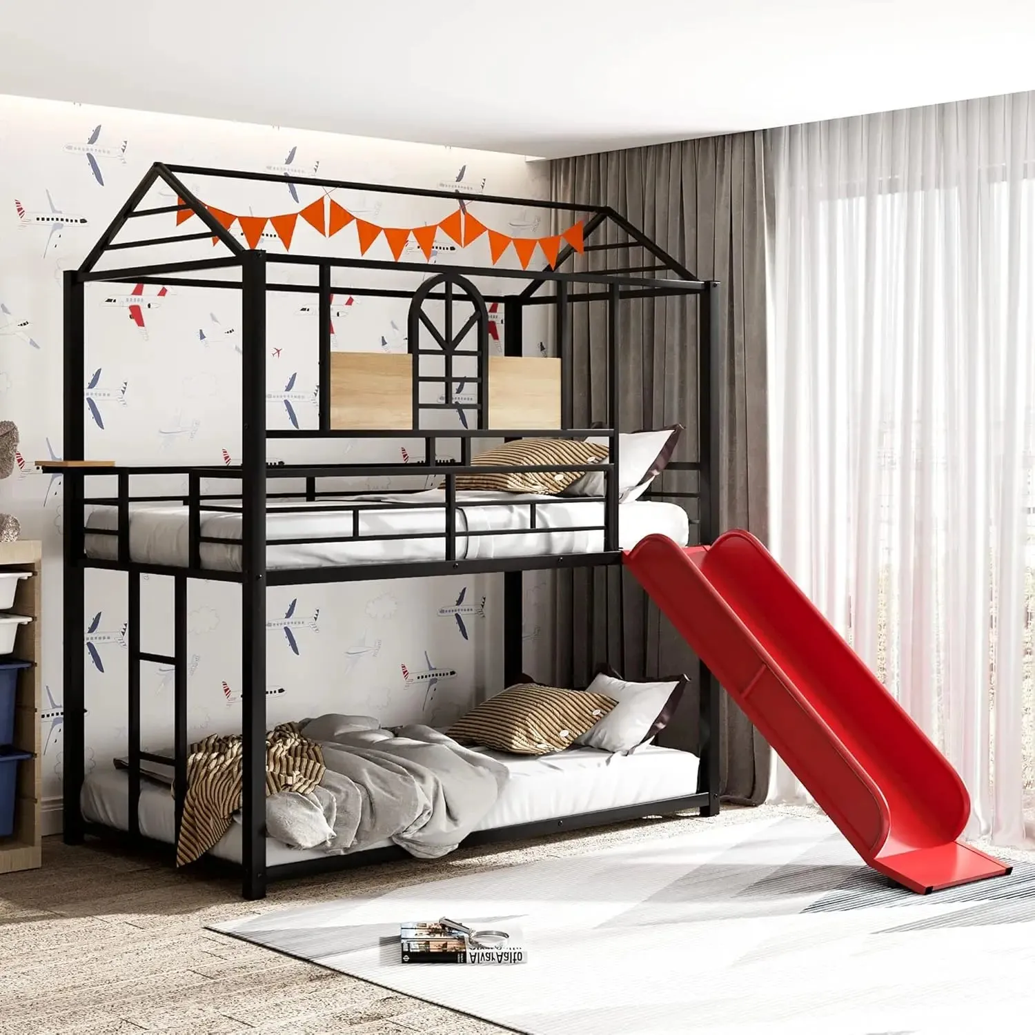 Kids  Over  Bunk Beds with Slide and Trundle, Solid Wood Bunk Bed Frame with Stairs and Storage, Playhouse Bunk Bed with Roof