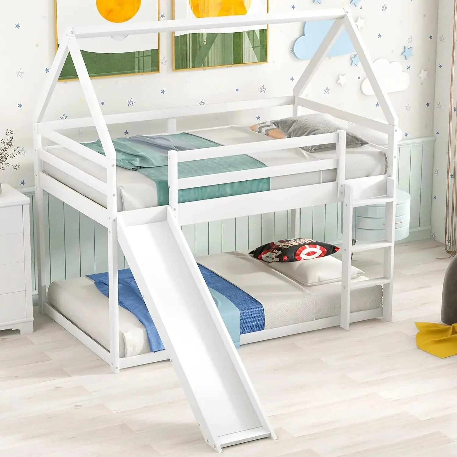 Kids  Over  Bunk Beds with Slide and Trundle, Solid Wood Bunk Bed Frame with Stairs and Storage, Playhouse Bunk Bed with Roof