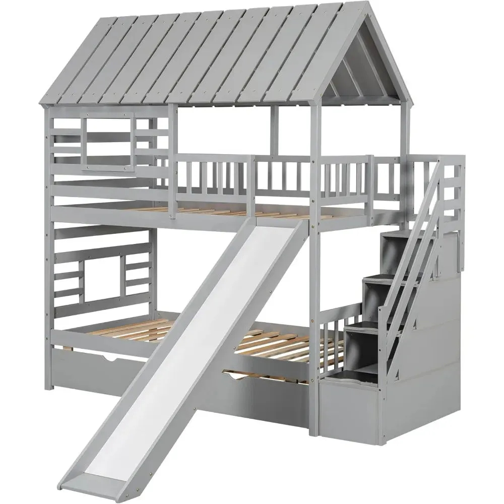 Kids  Over  Bunk Beds with Slide and Trundle, Solid Wood Bunk Bed Frame with Stairs and Storage, Playhouse Bunk Bed with Roof