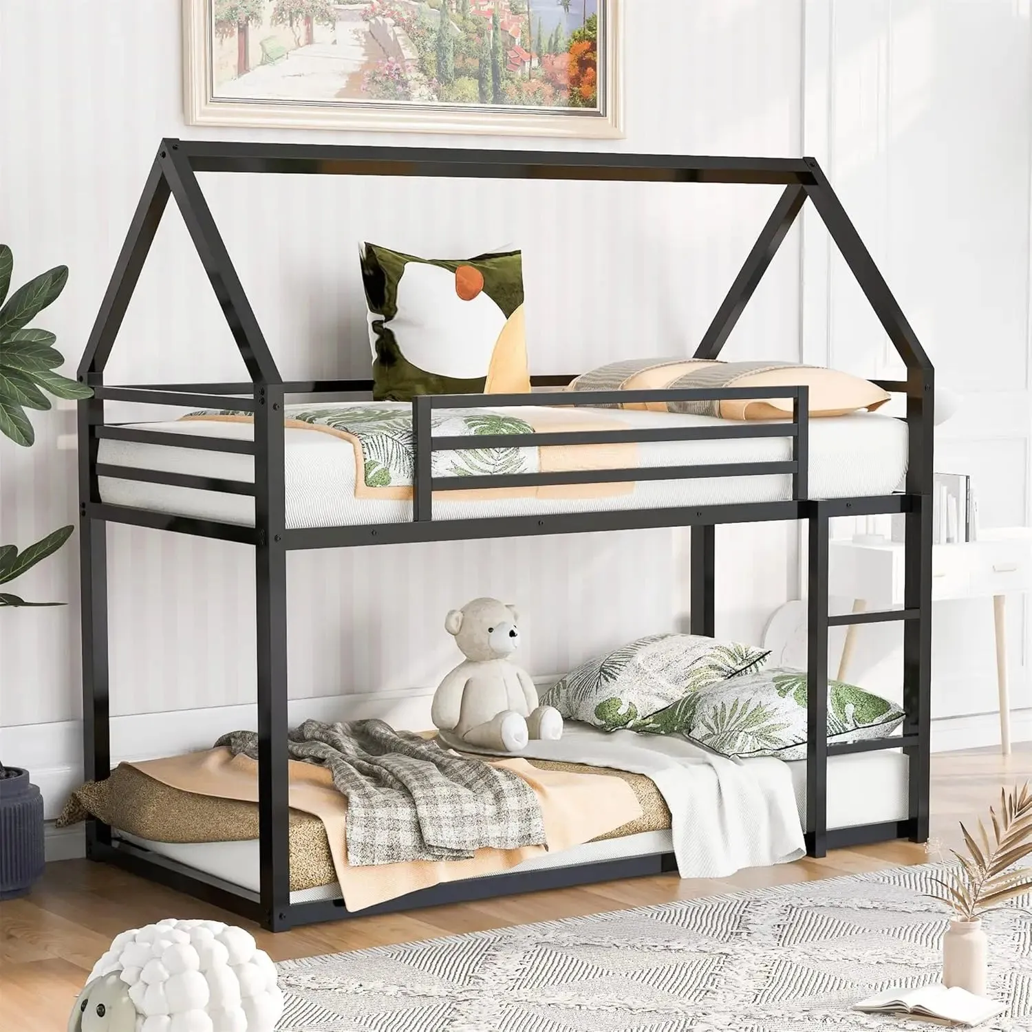 Kids  Over  Bunk Beds with Slide and Trundle, Solid Wood Bunk Bed Frame with Stairs and Storage, Playhouse Bunk Bed with Roof