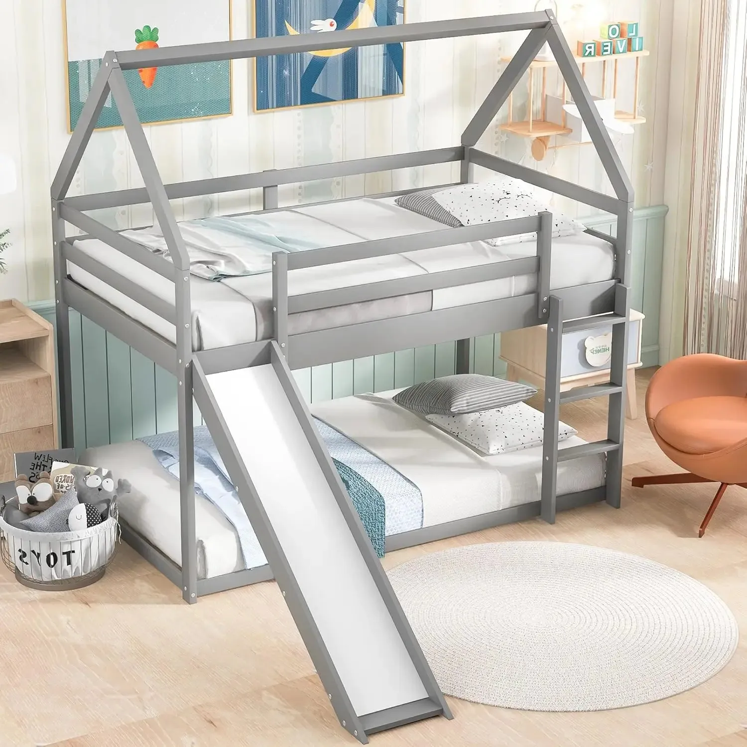 Kids  Over  Bunk Beds with Slide and Trundle, Solid Wood Bunk Bed Frame with Stairs and Storage, Playhouse Bunk Bed with Roof