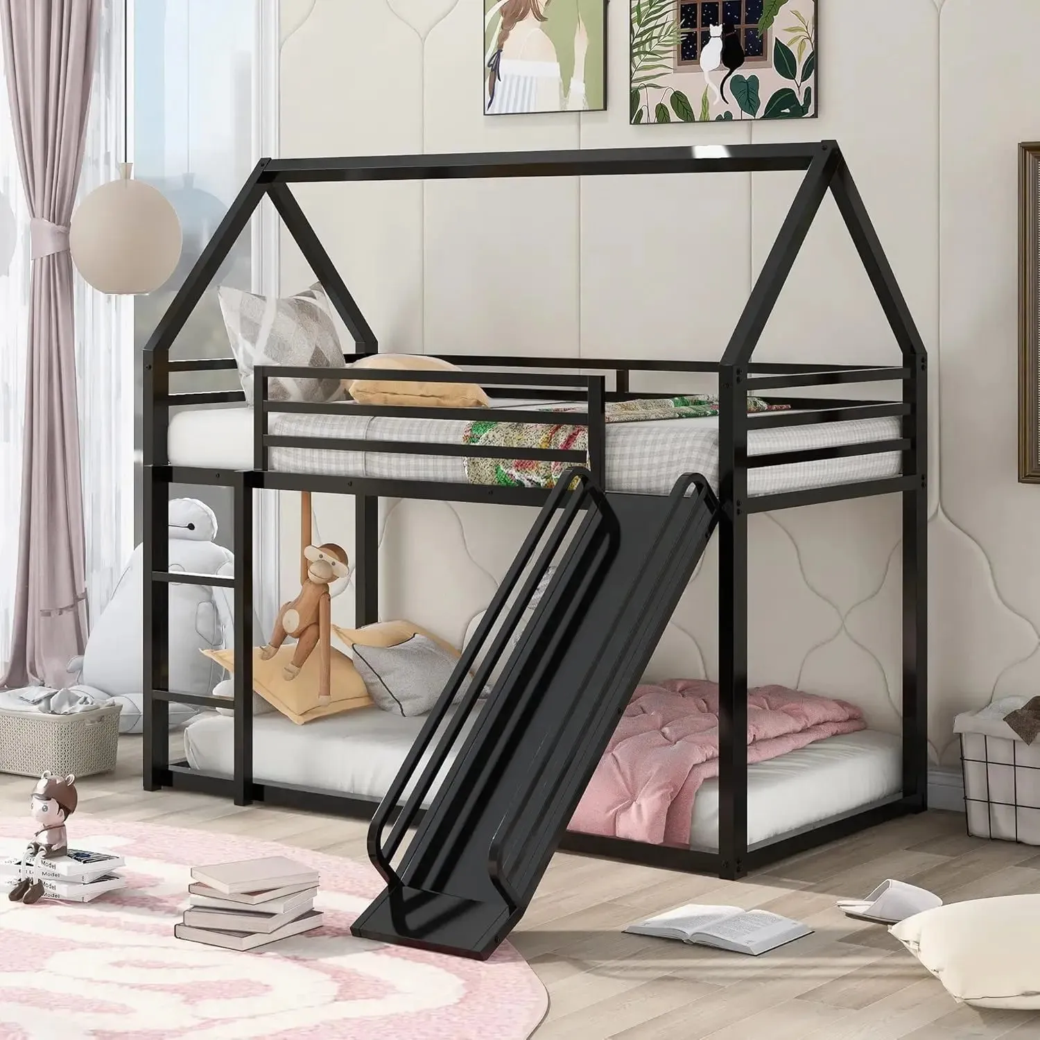 Kids  Over  Bunk Beds with Slide and Trundle, Solid Wood Bunk Bed Frame with Stairs and Storage, Playhouse Bunk Bed with Roof