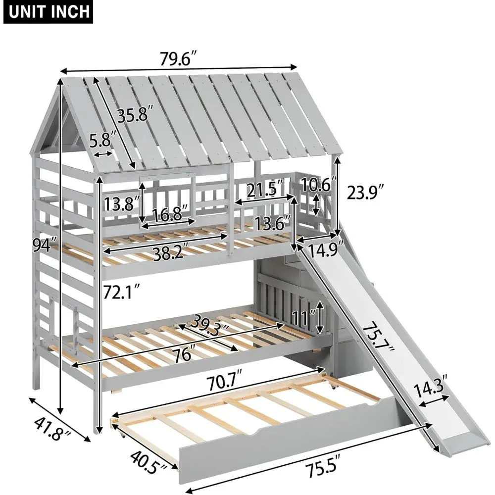 Kids  Over  Bunk Beds with Slide and Trundle, Solid Wood Bunk Bed Frame with Stairs and Storage, Playhouse Bunk Bed with Roof