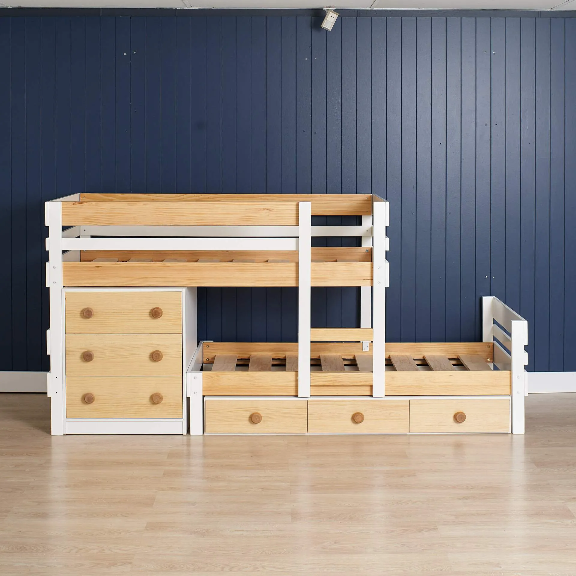 Lo-Line Long-Wall Bunk Bed with Under Bed Drawers & Lo-Line Chest