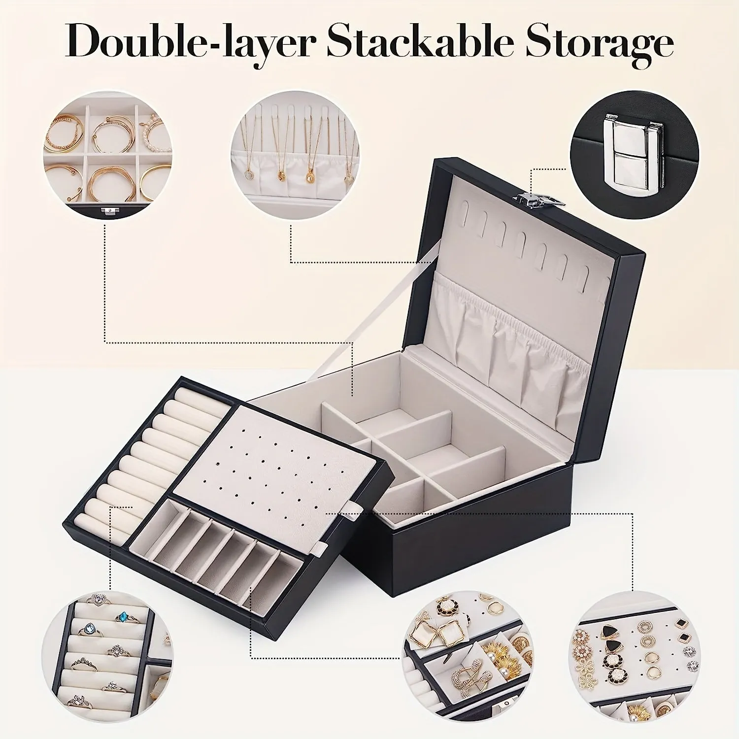 Lockable 2Layer Jewelry Storage Box  Large Capacity PU Leather