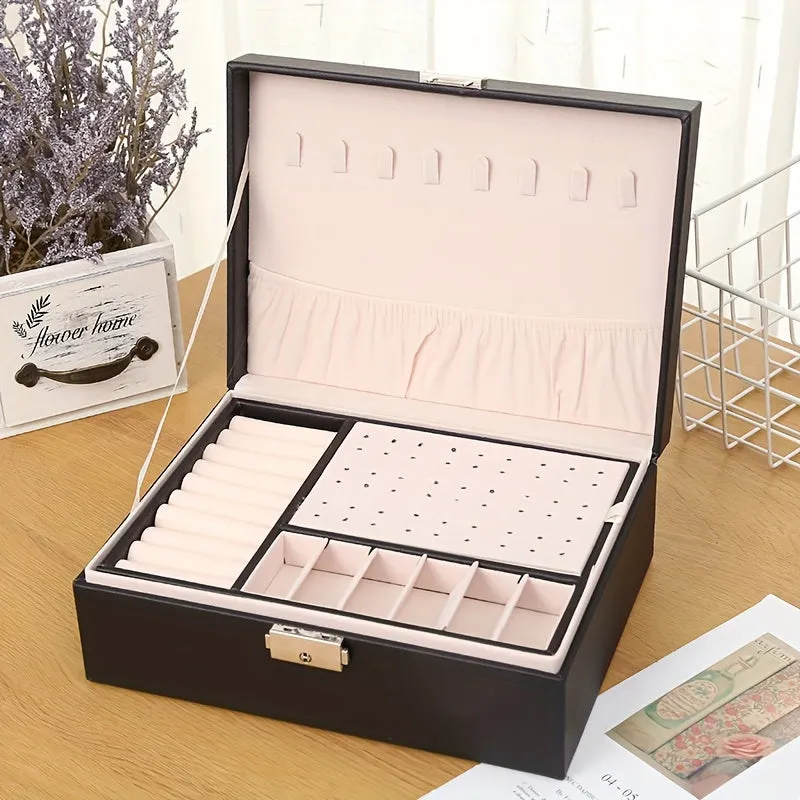 Lockable 2Layer Jewelry Storage Box  Large Capacity PU Leather