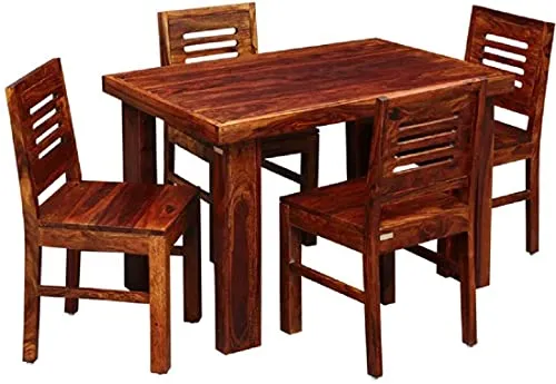 NATHJI ART PALACE Sheesham Wood 4 Seater Dining Table with Chair Four Seater Wooden Dining Room Set Dinner Table || Solid Wood Dining Room Sets for Living Room Home Restaurant - Honey Finish